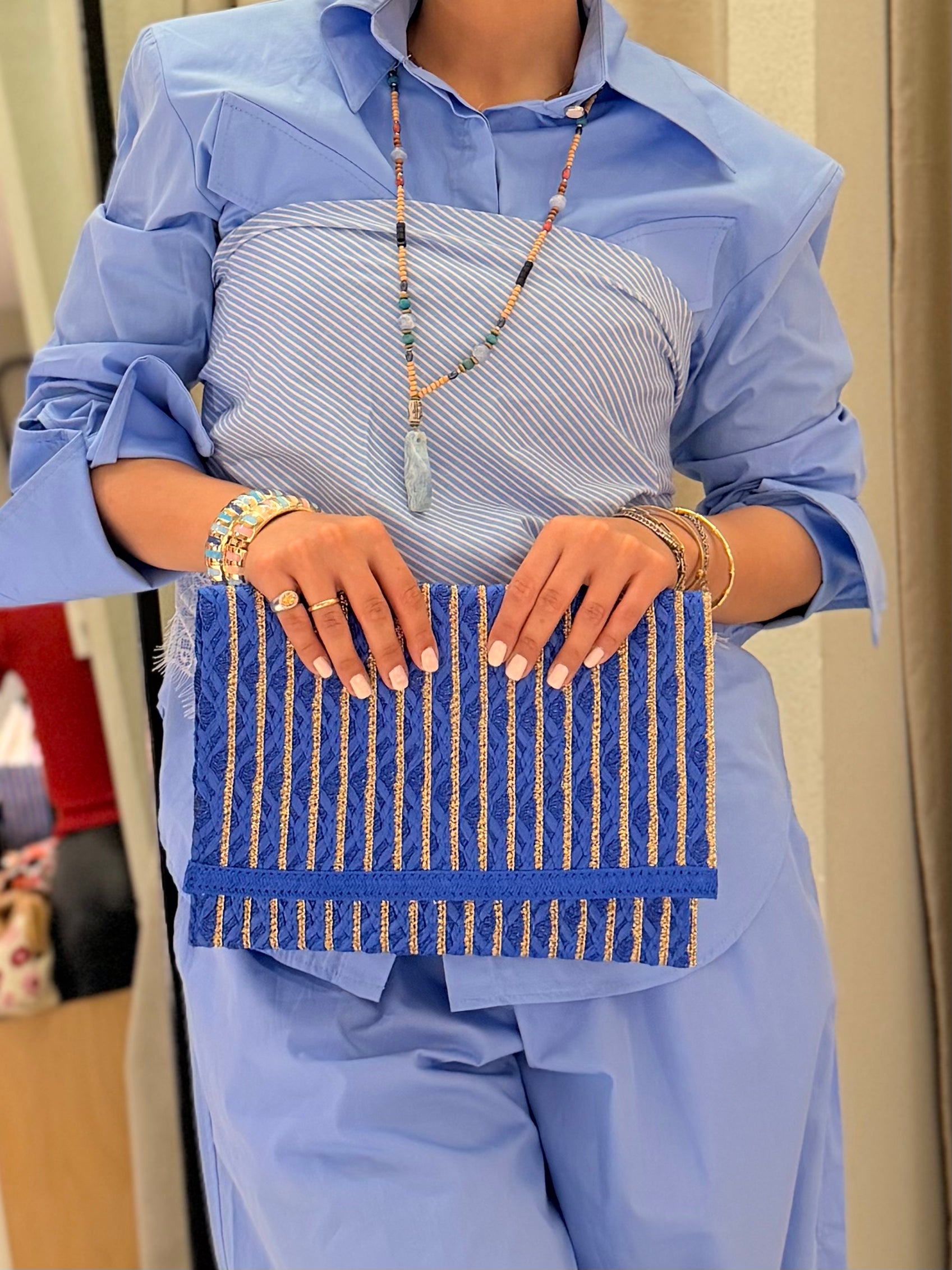 Oversized Shirt & Pants Set with Scarf – Cornflower Blue