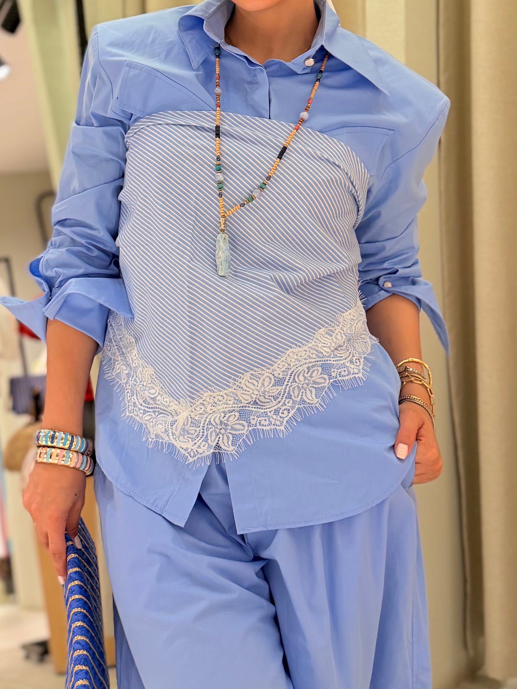 Oversized Shirt & Pants Set with Scarf – Cornflower Blue