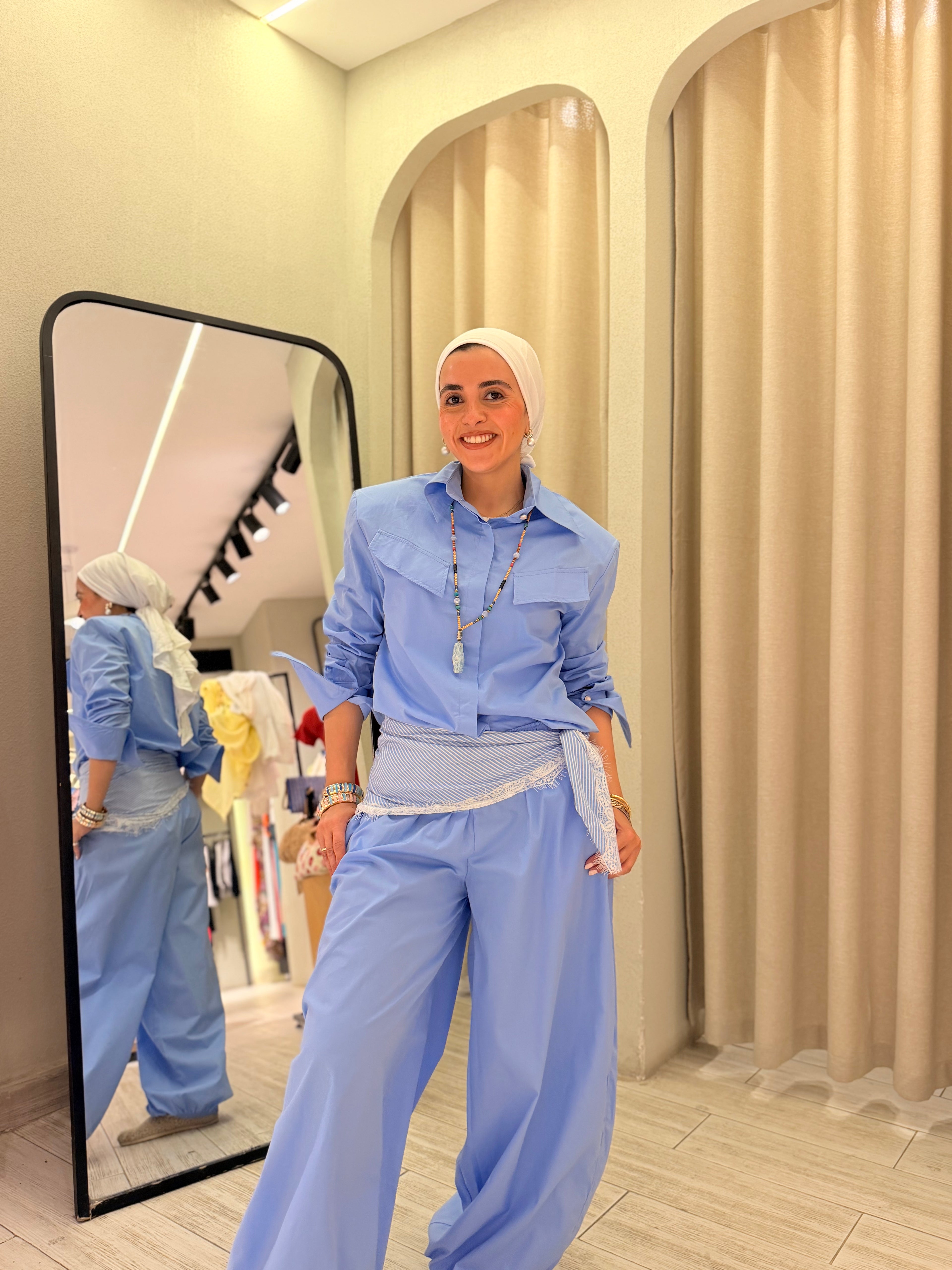 Oversized Shirt & Pants Set with Scarf – Cornflower Blue