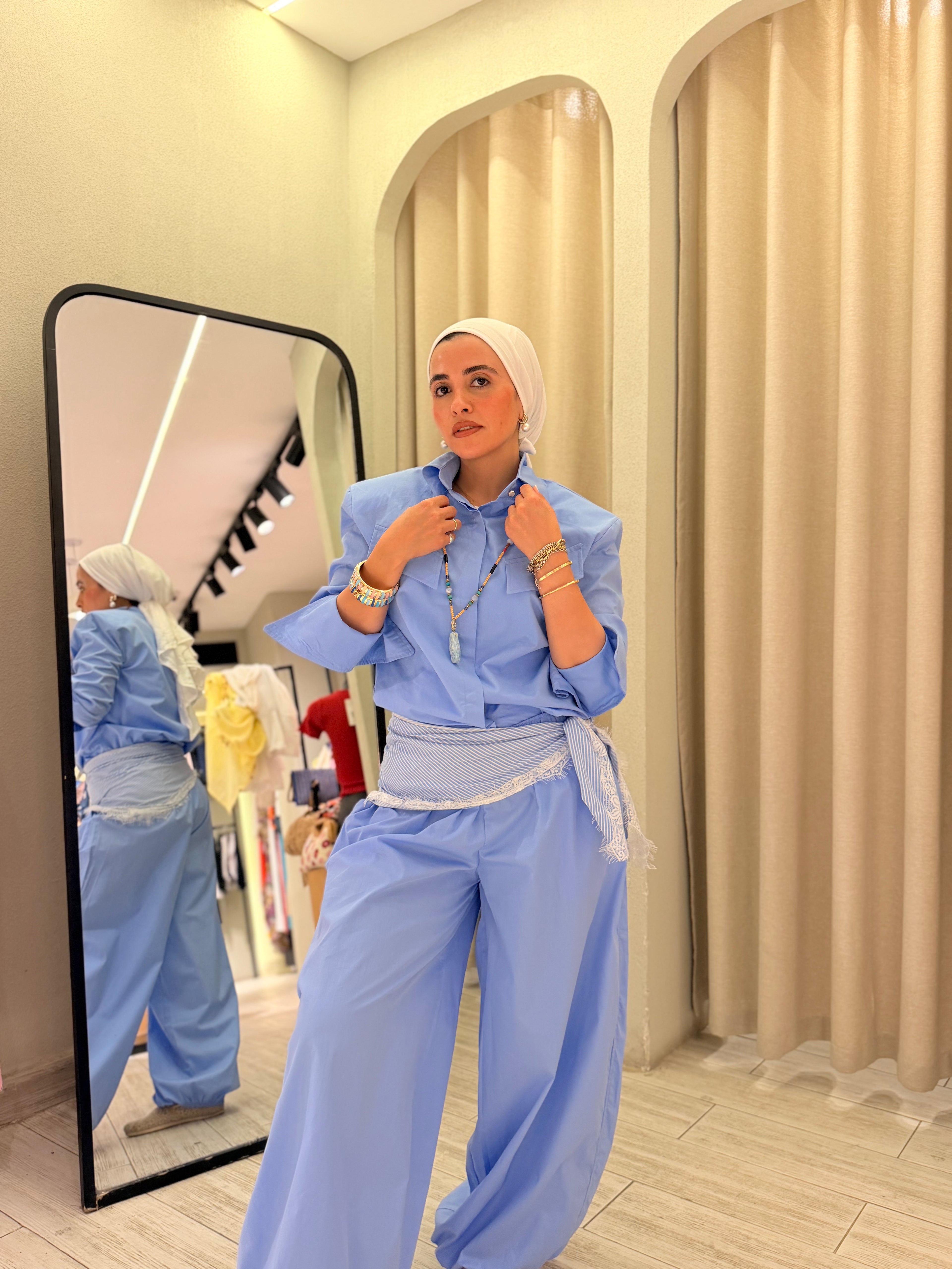 Oversized Shirt & Pants Set with Scarf – Cornflower Blue