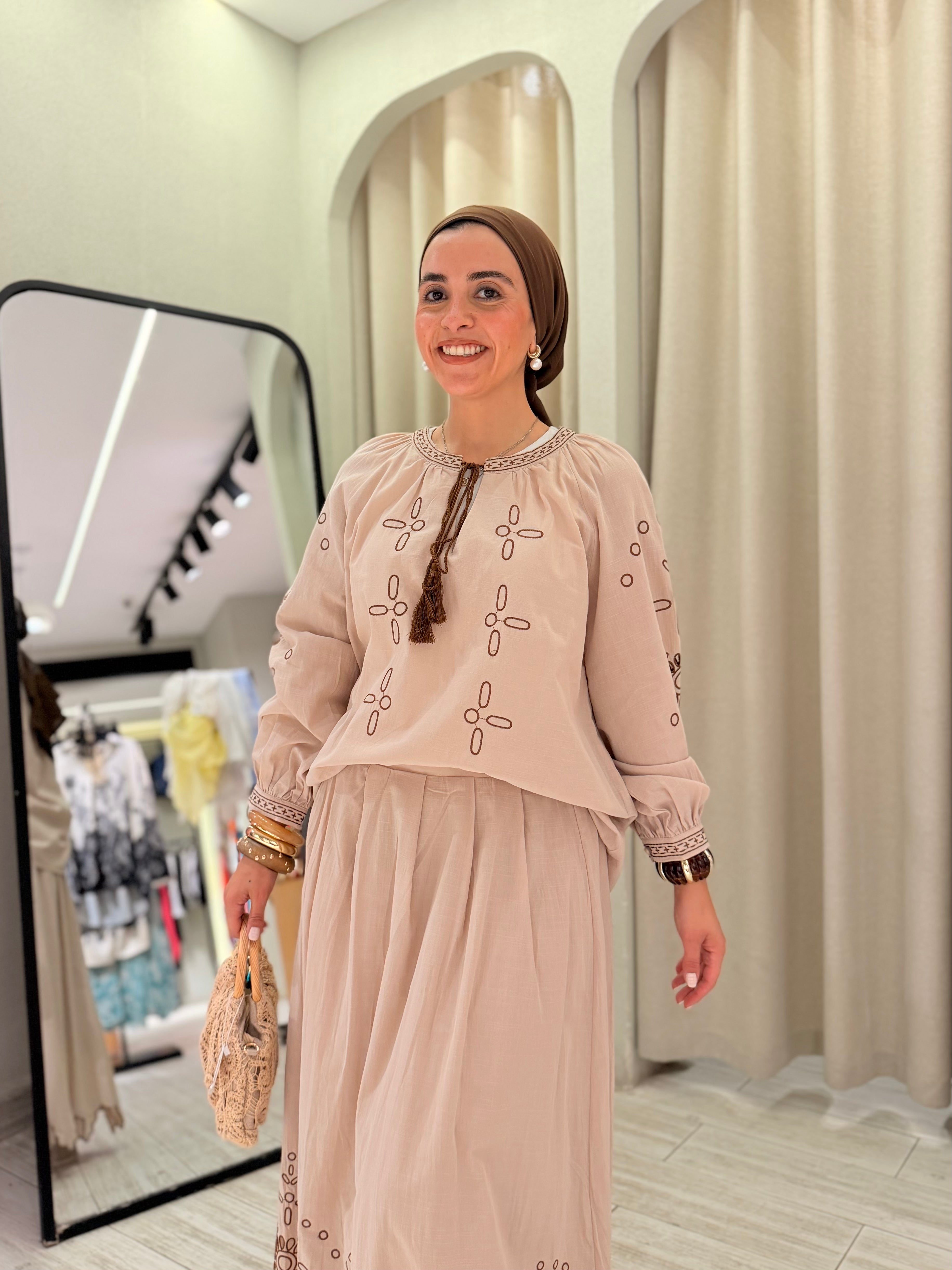 Embroidered Top & Skirt Set – Sand Beige