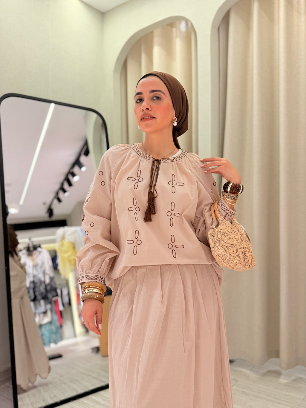 Embroidered Top & Skirt Set – Sand Beige