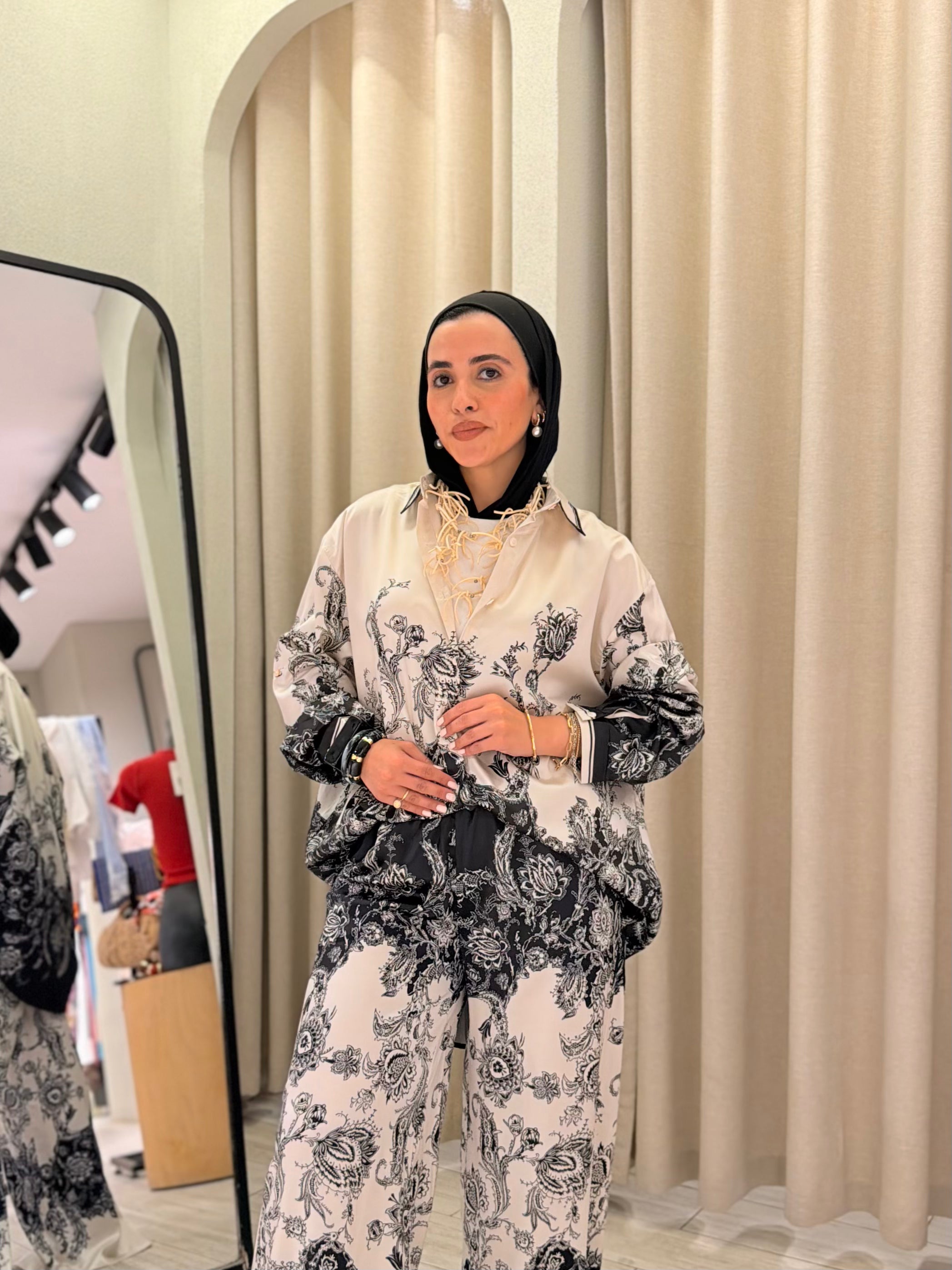Satin Paisley Print Shirt & Pants Set – Black & Beige