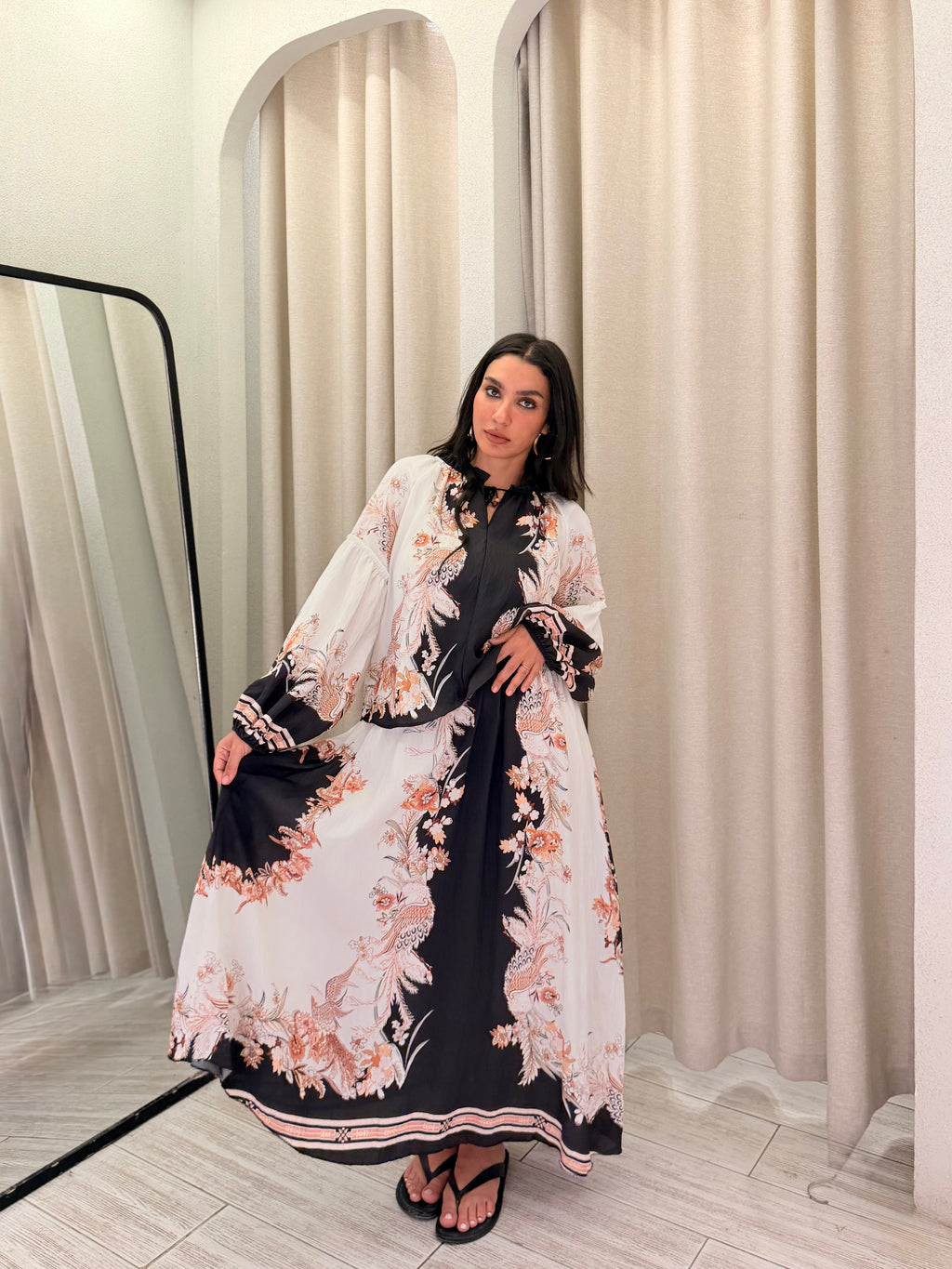 Floral Print Shirt & Skirt Set – Black & White
