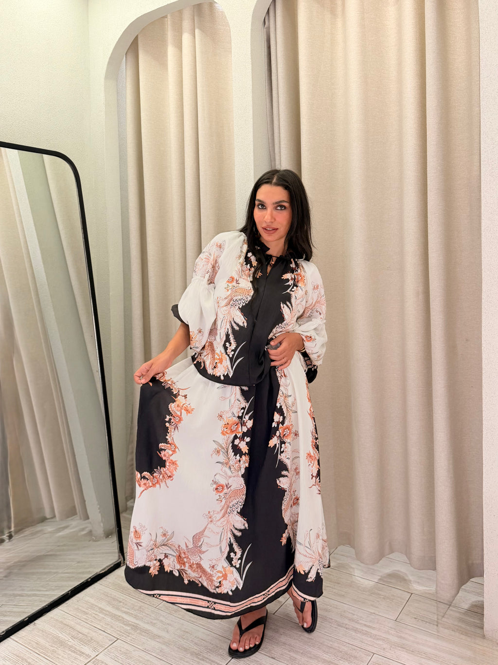 Floral Print Shirt & Skirt Set – Black & White