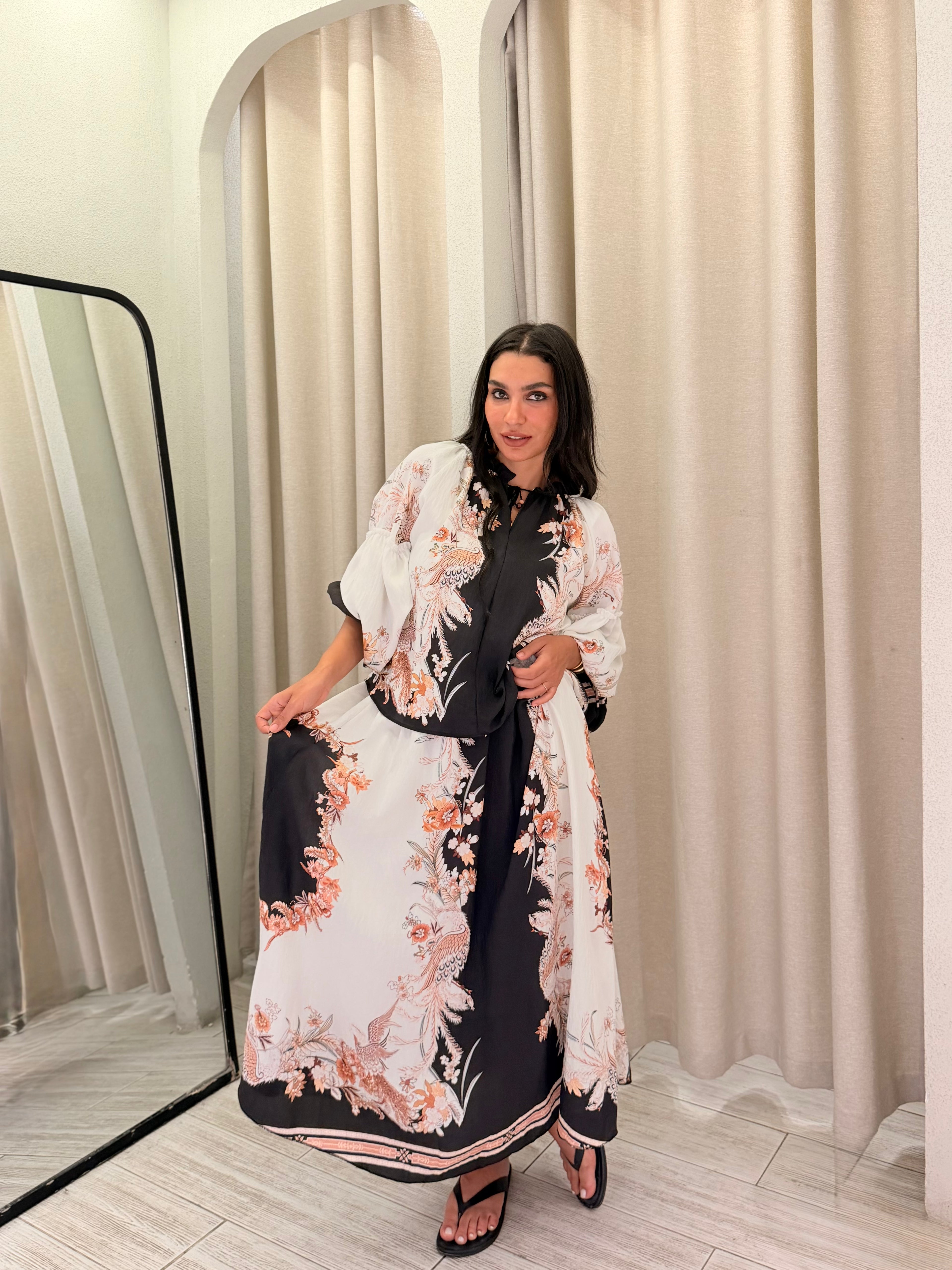 Floral Print Shirt & Skirt Set – Black & White