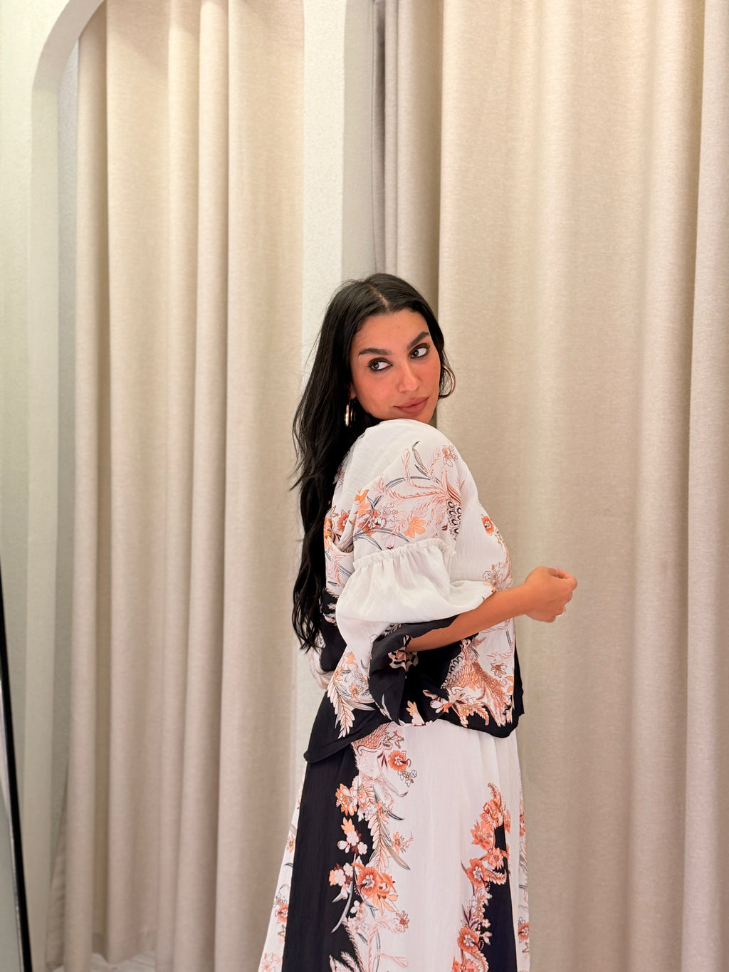 Floral Print Shirt & Skirt Set – Black & White