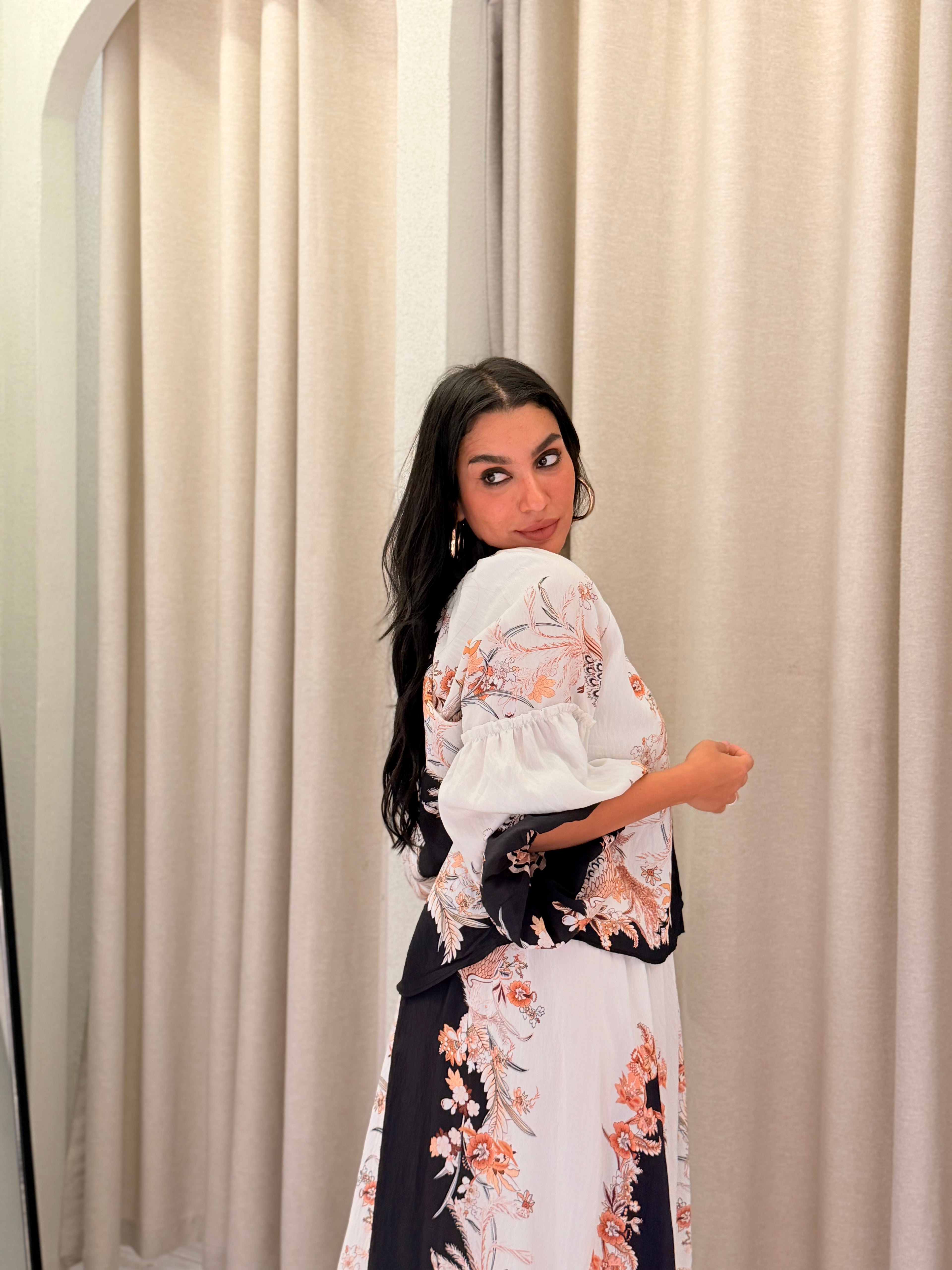 Floral Print Shirt & Skirt Set – Black & White