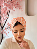 Retro Floral Print Turban — Peach & White