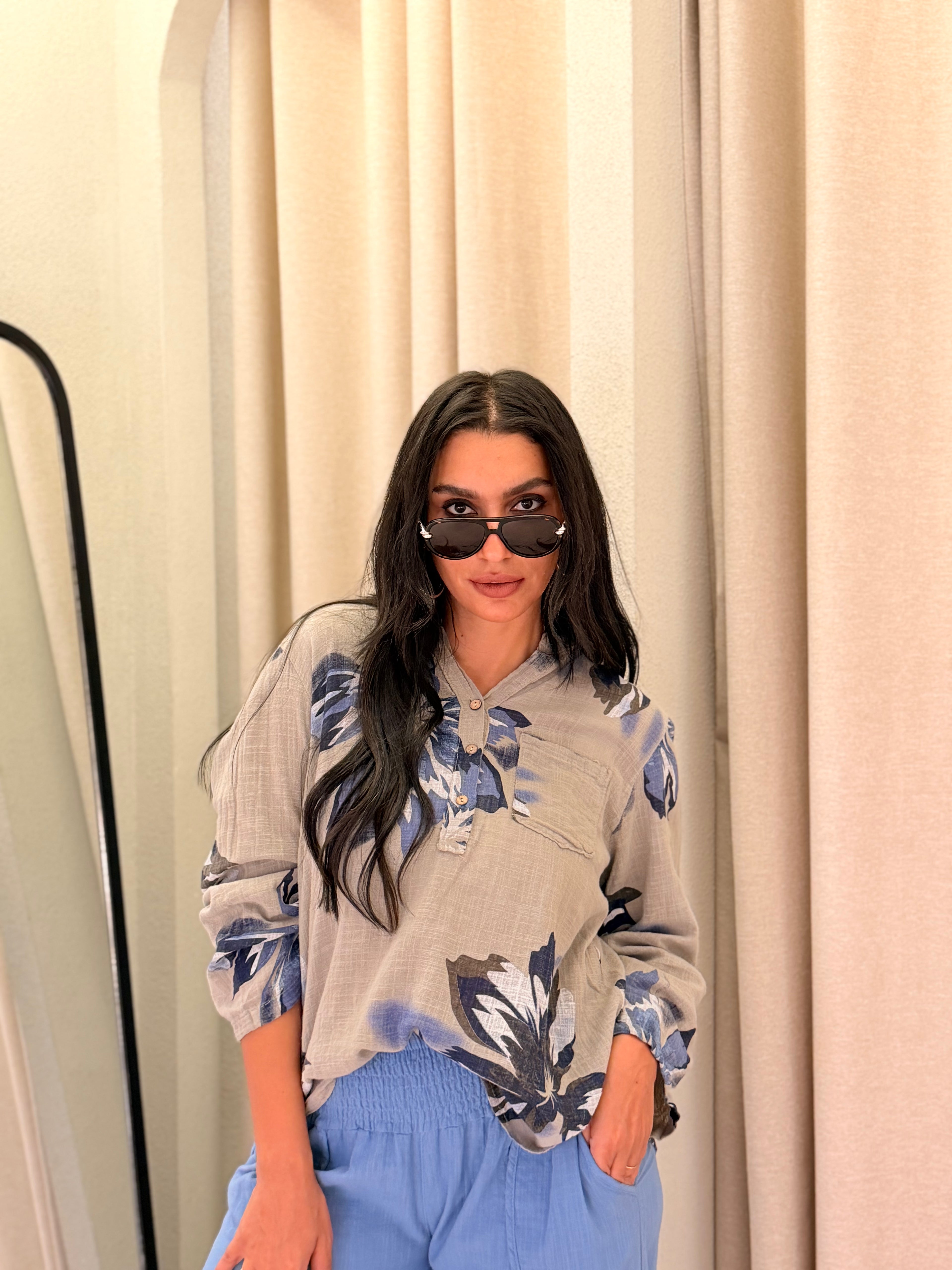 Floral Linen Shirt – Grey & Blue
