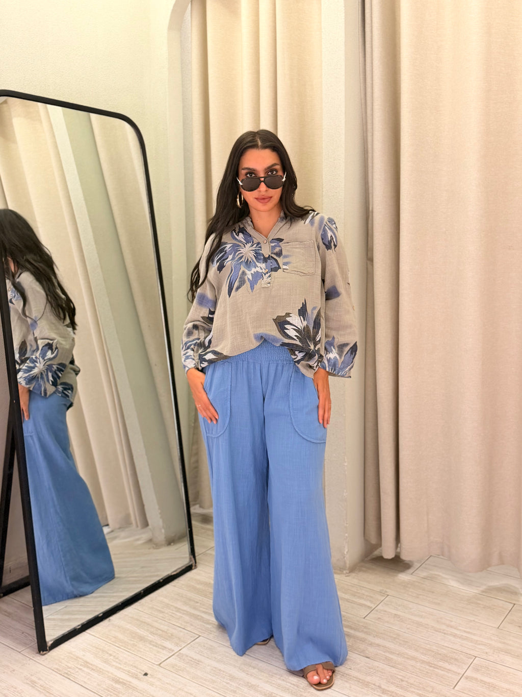 Wide-Leg Linen Pants – Blue