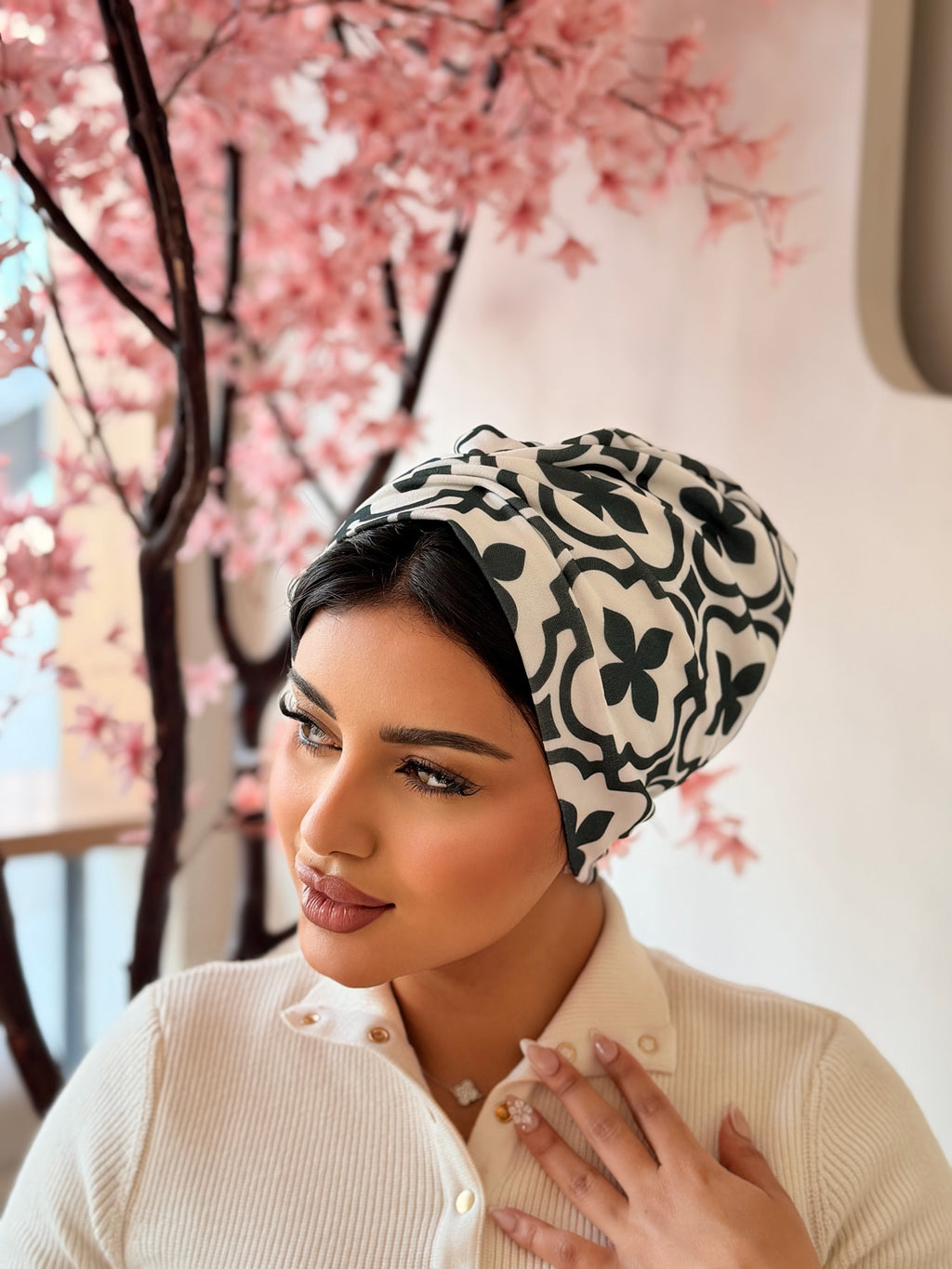 Moroccan Tile Print Turban — Black & Cream