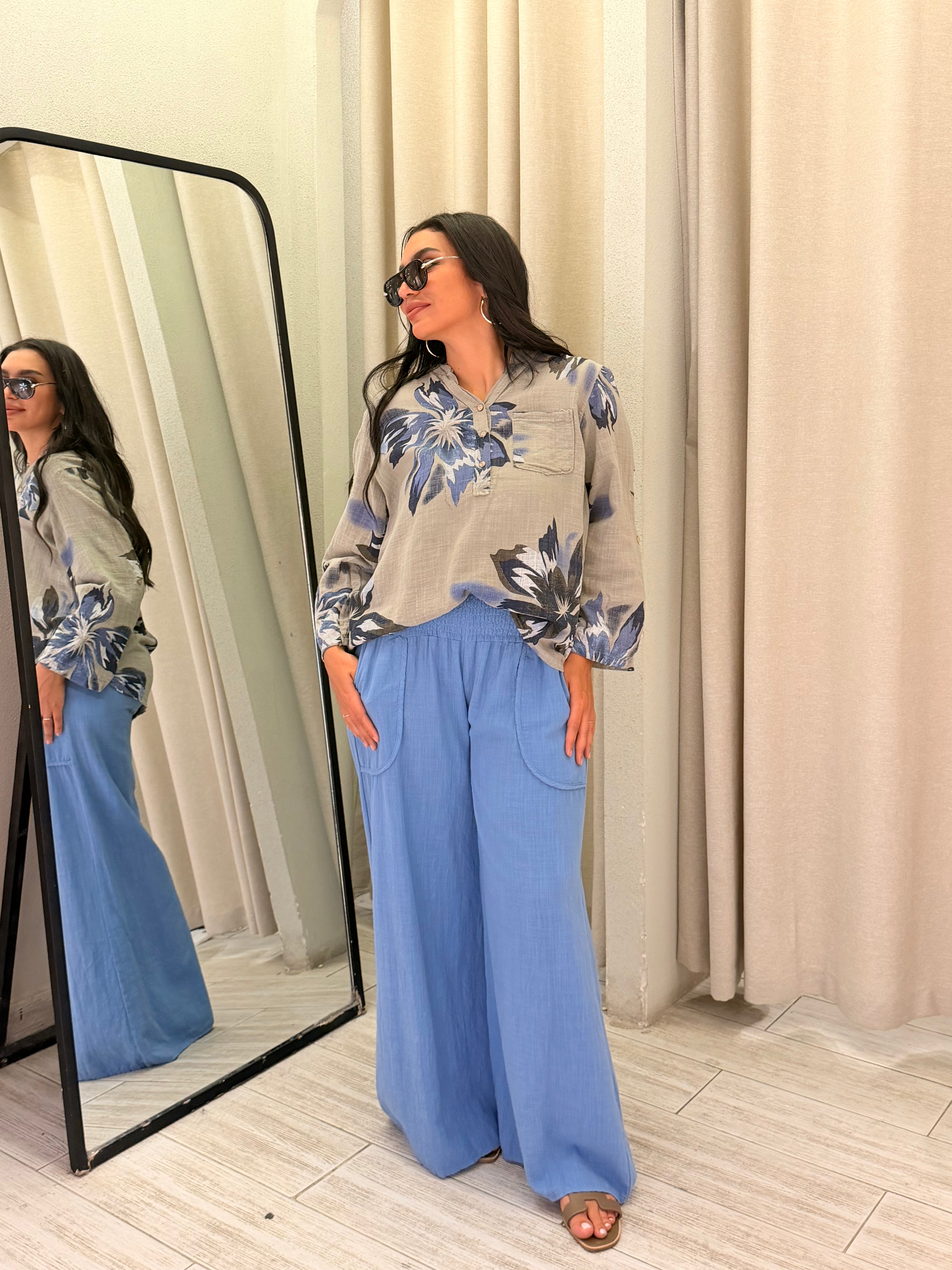 Wide-Leg Linen Pants – Blue