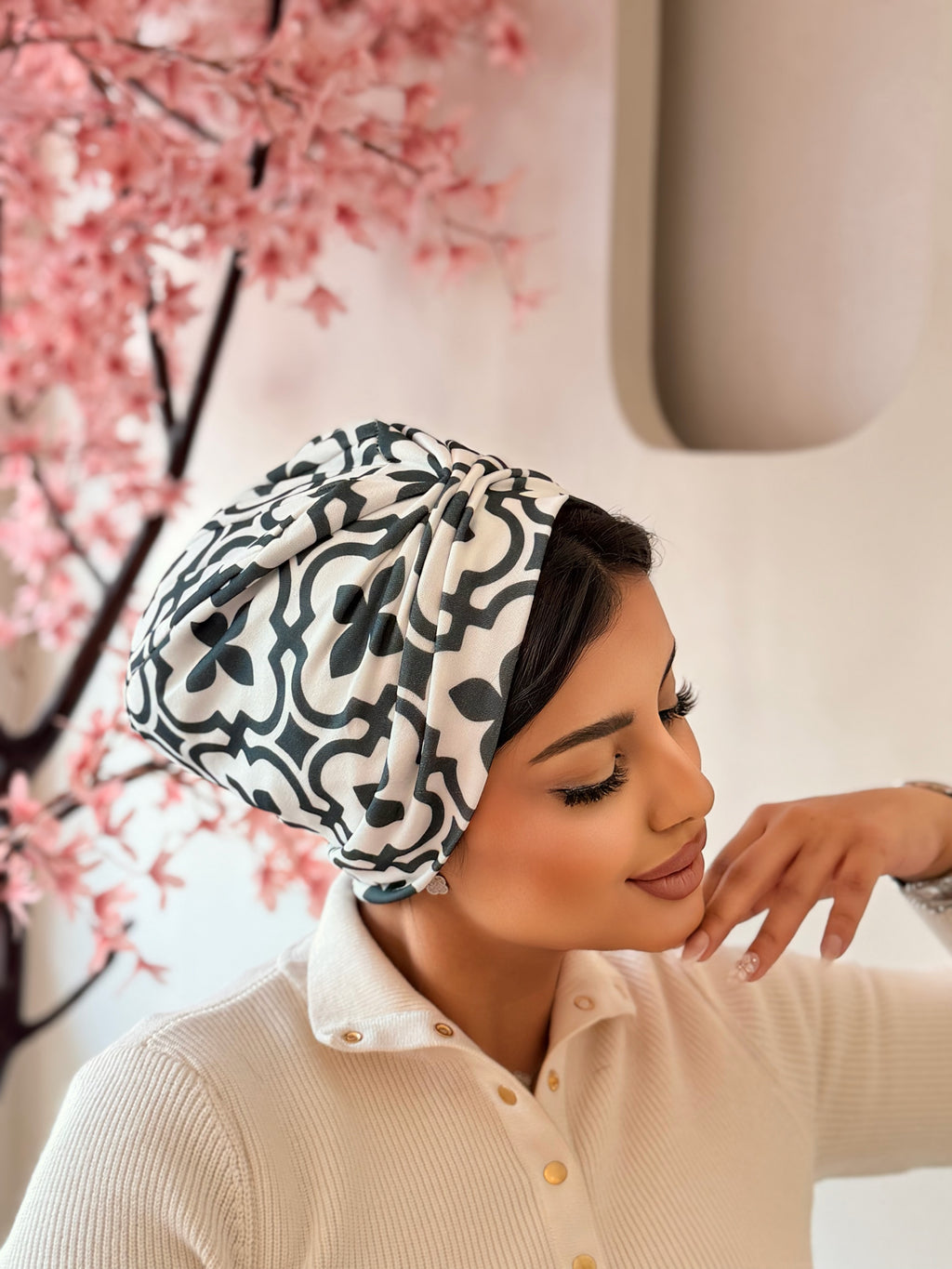 Moroccan Tile Print Turban — Black & Cream
