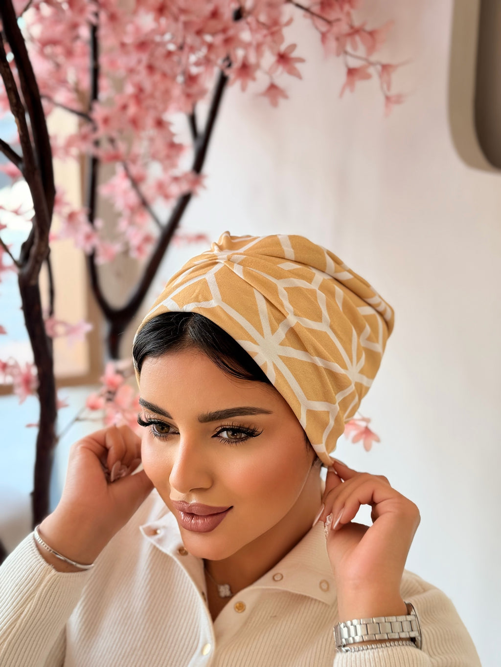 Geometric Print Turban — Mustard & Cream