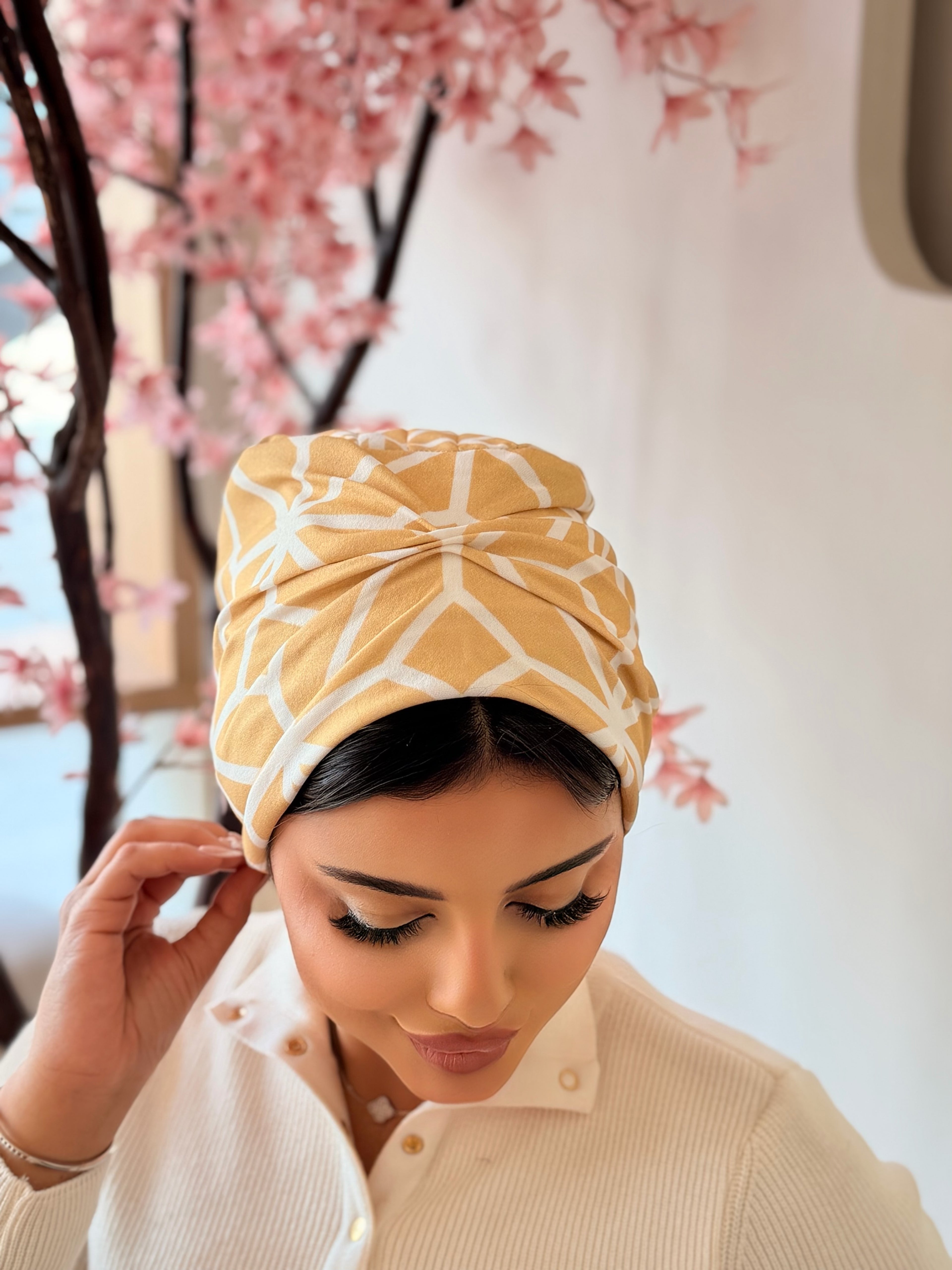Geometric Print Turban — Mustard & Cream