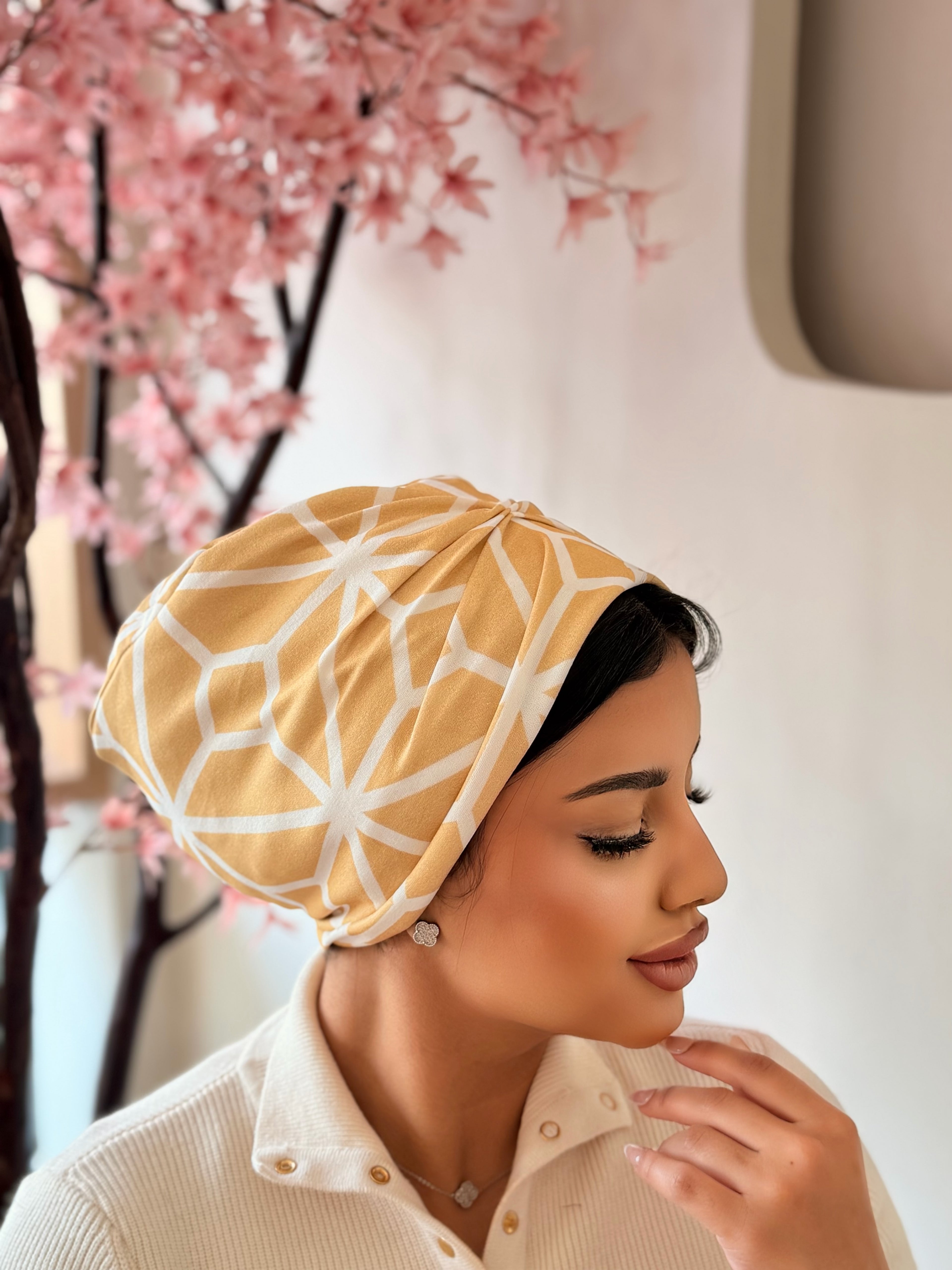 Geometric Print Turban — Mustard & Cream
