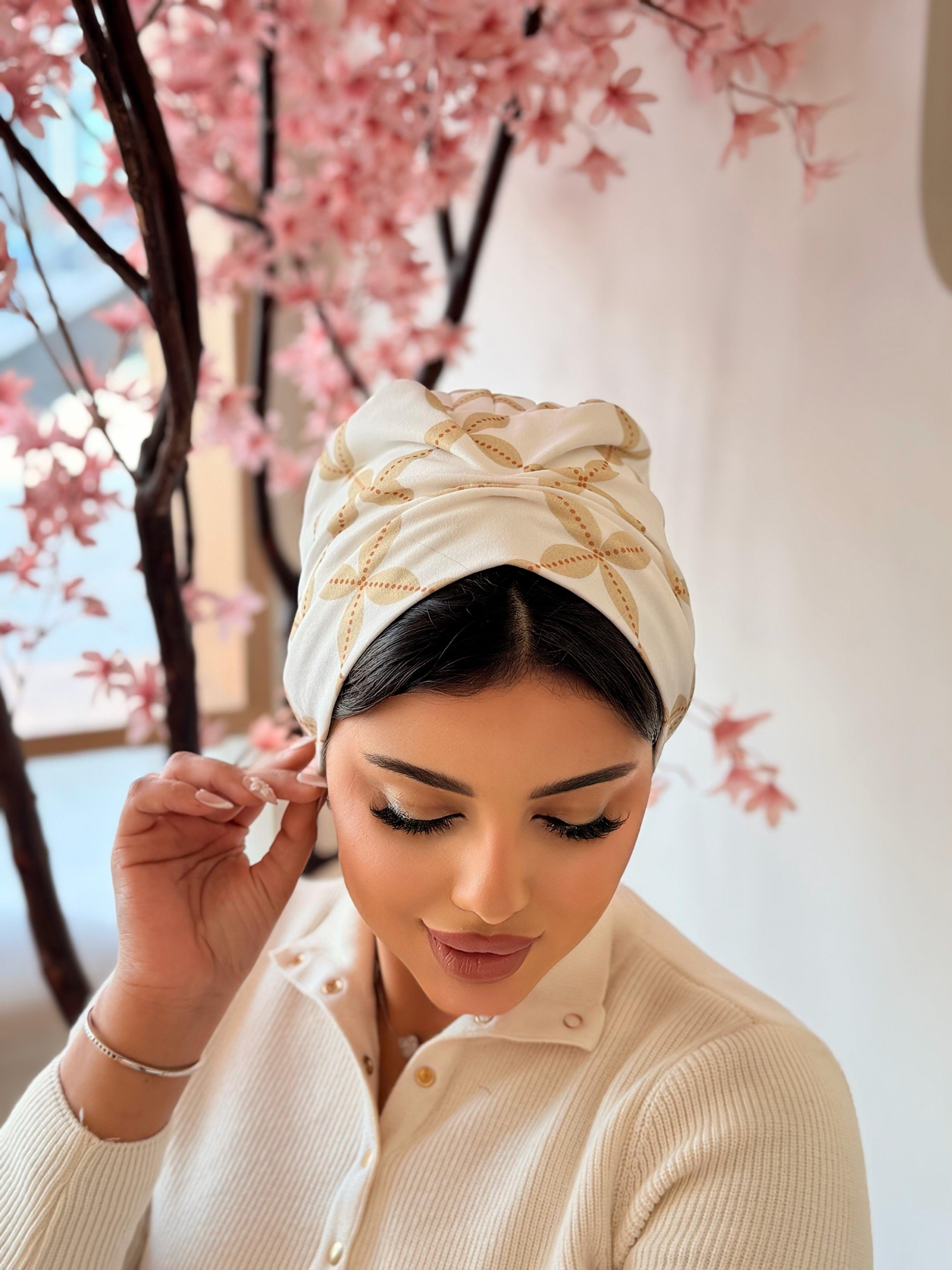 Floral Print Turban — Ivory & Gold