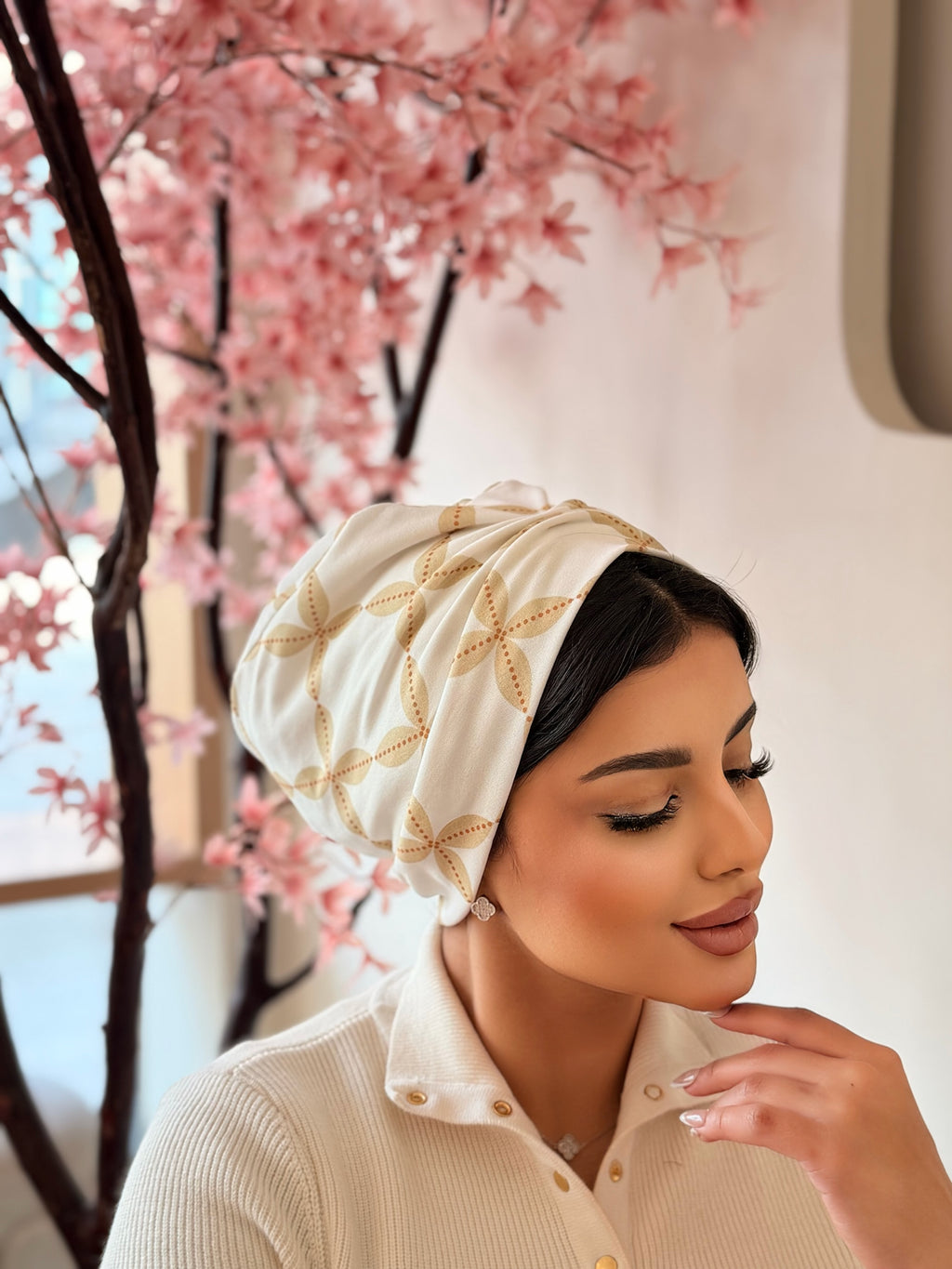 Floral Print Turban — Ivory & Gold