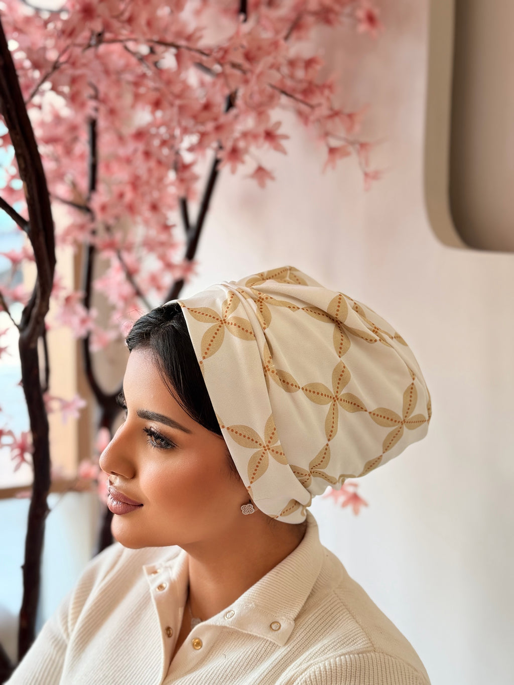 Floral Print Turban — Ivory & Gold