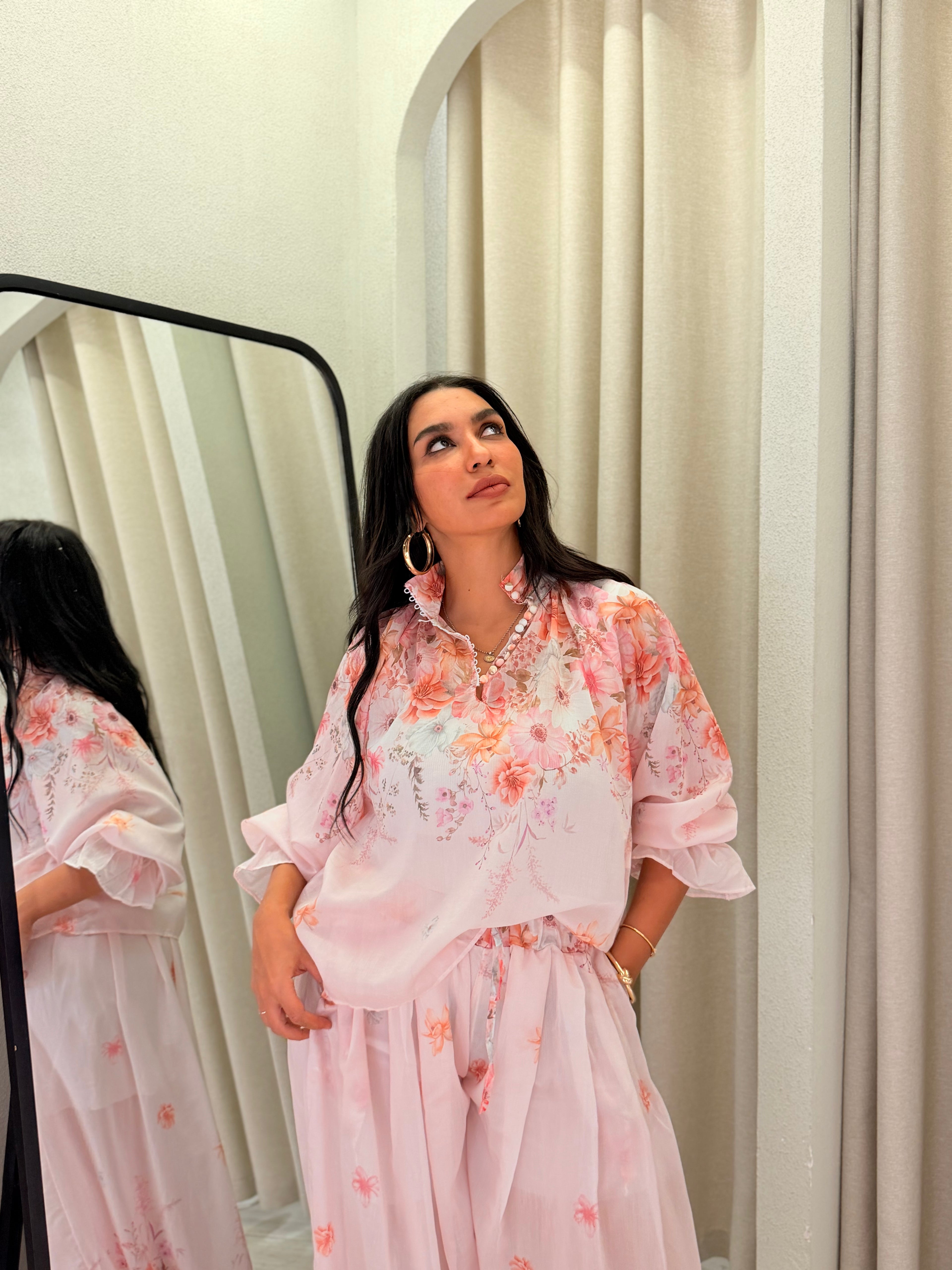 Floral Turkish Chiffon Shirt & Pants Set – Blush Pink