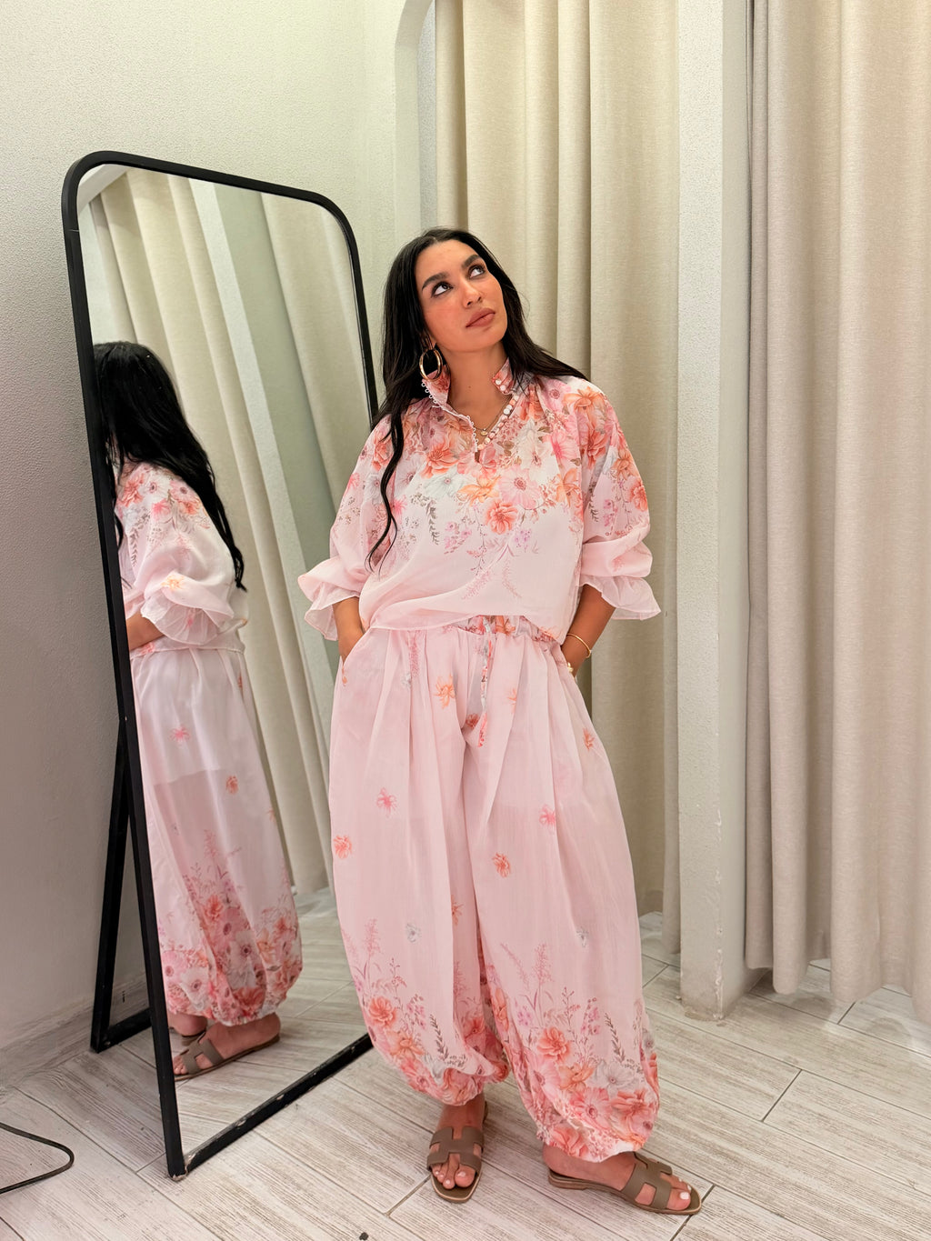 Floral Turkish Chiffon Shirt & Pants Set – Blush Pink