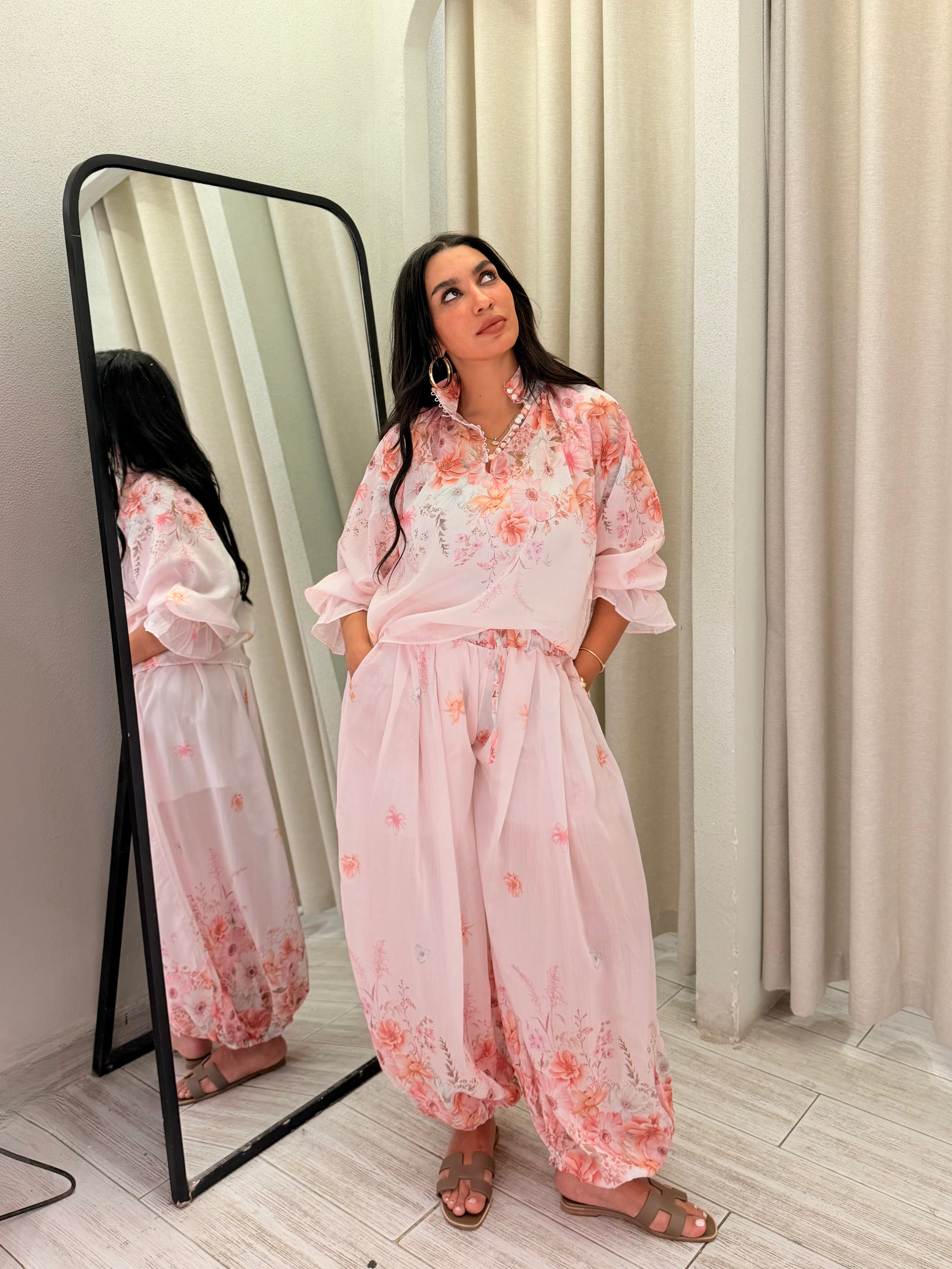Floral Turkish Chiffon Shirt & Pants Set – Blush Pink
