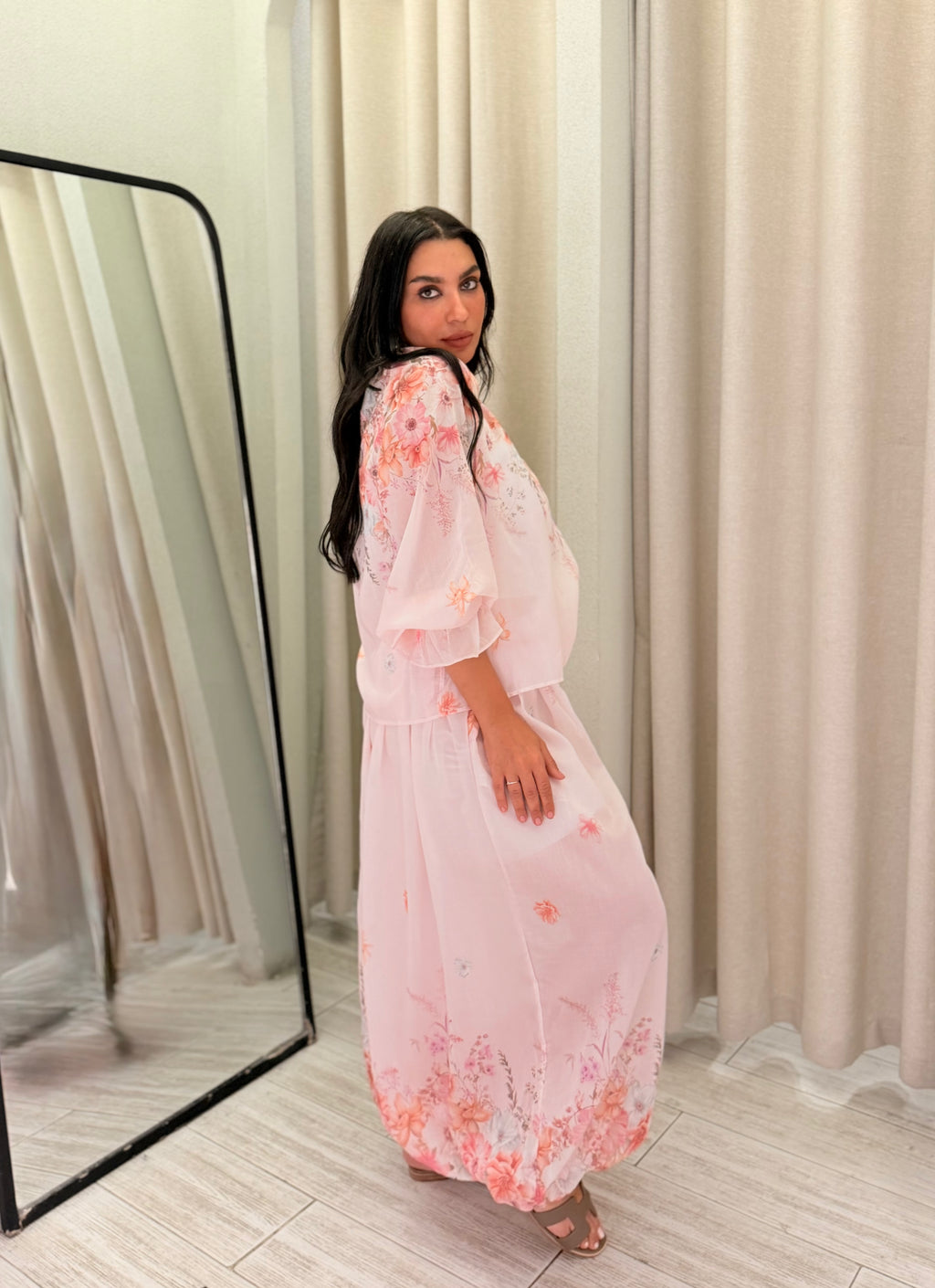 Floral Turkish Chiffon Shirt & Pants Set – Blush Pink