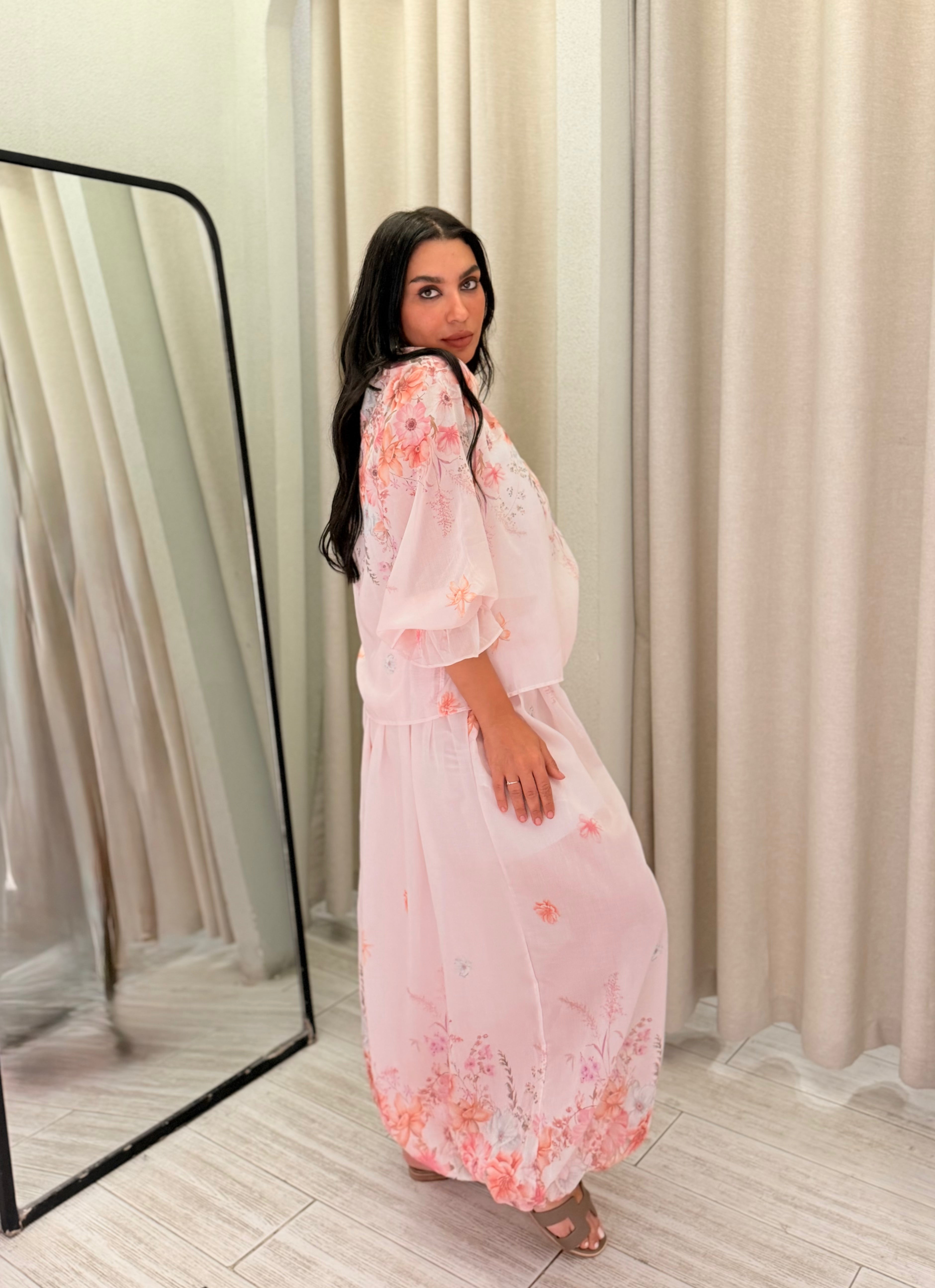 Floral Turkish Chiffon Shirt & Pants Set – Blush Pink