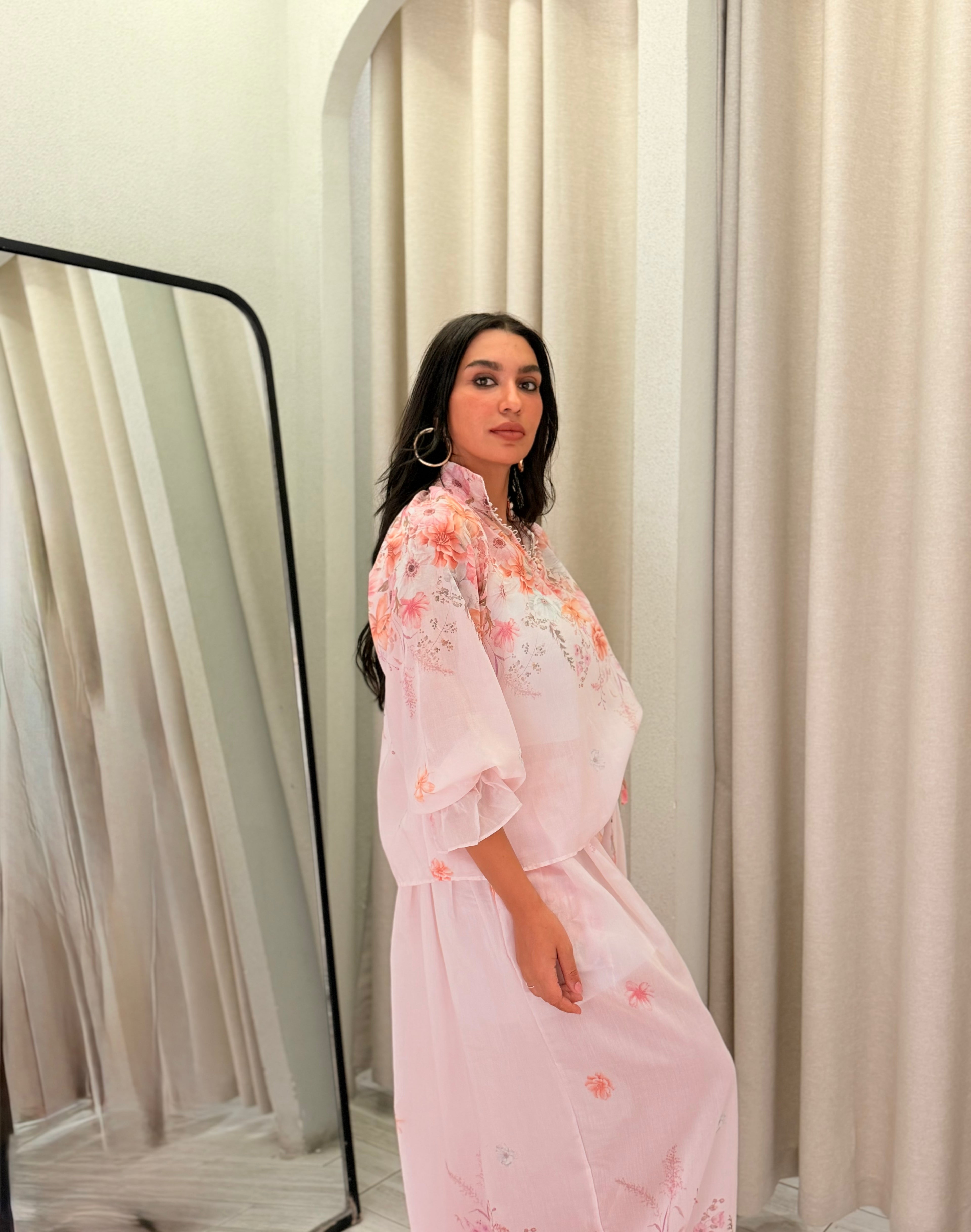 Floral Turkish Chiffon Shirt & Pants Set – Blush Pink