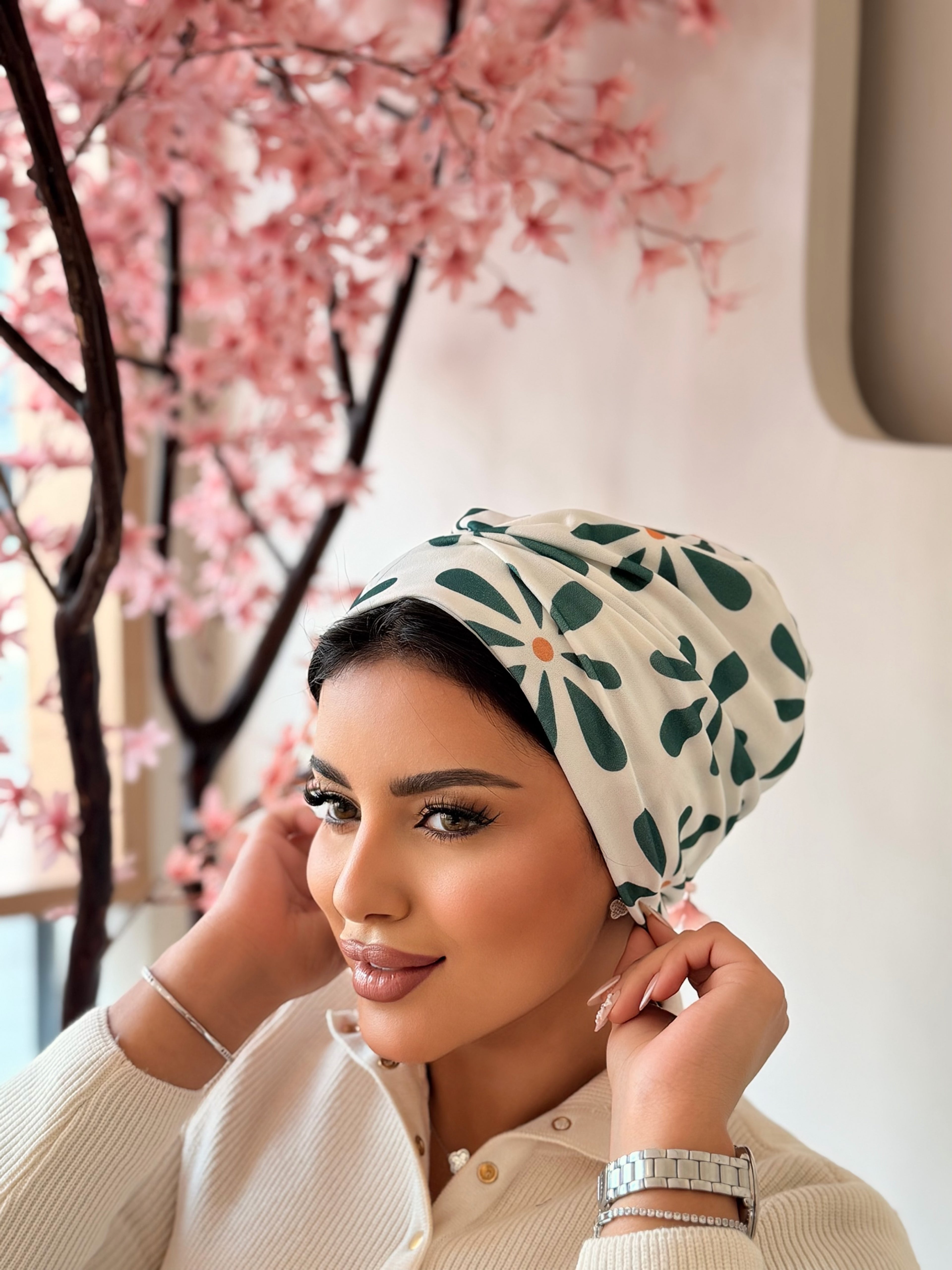 Daisy Print Turban — Teal & White