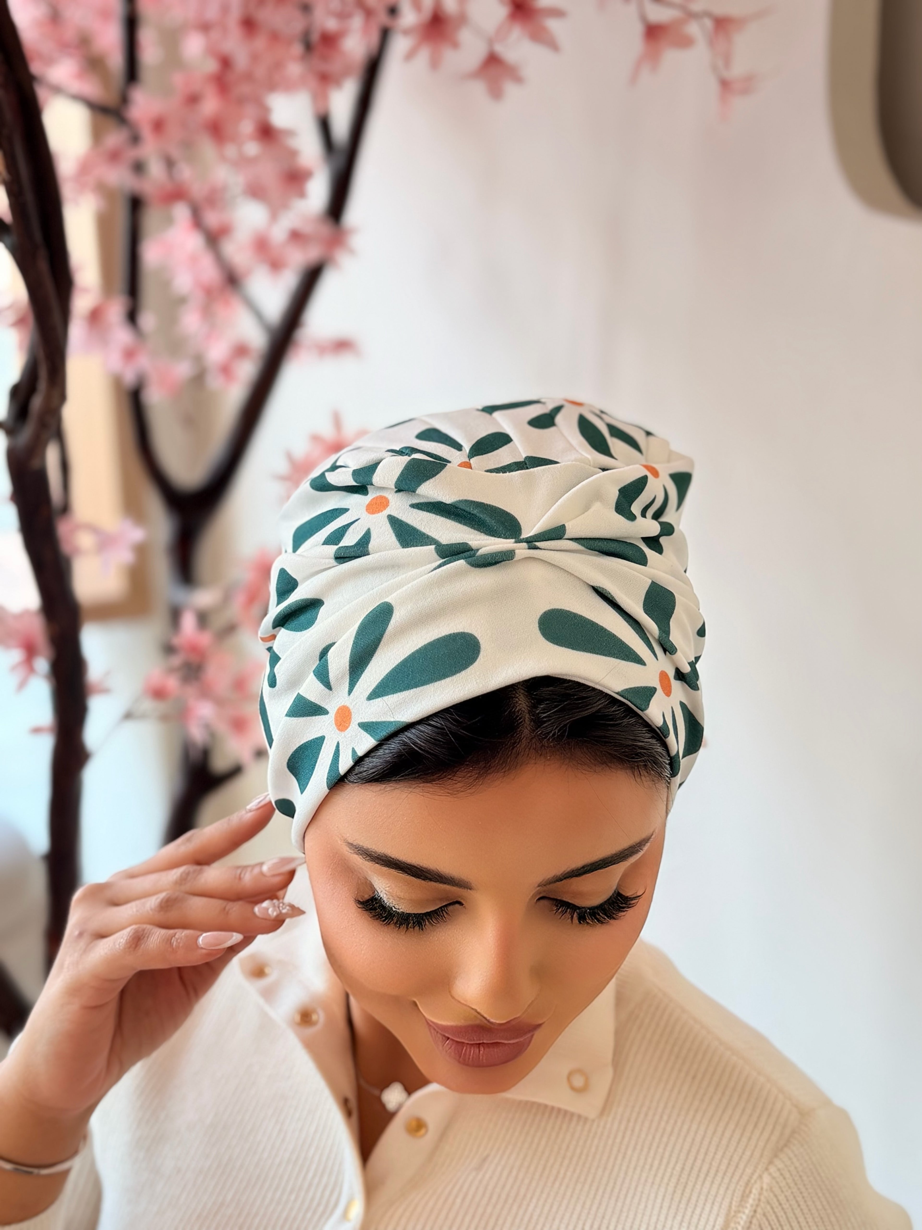 Daisy Print Turban — Teal & White
