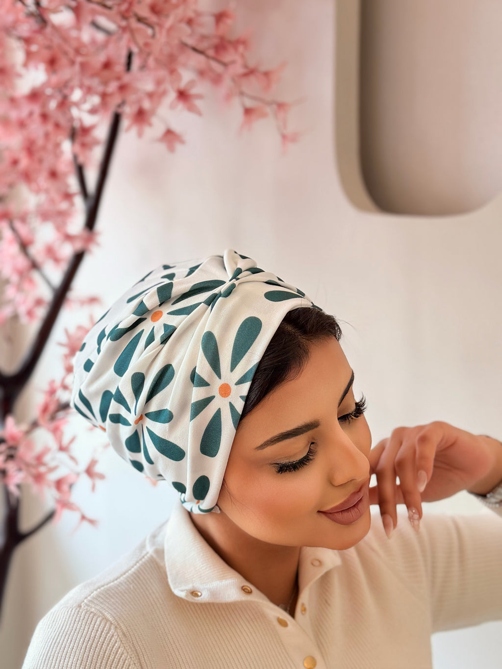 Daisy Print Turban — Teal & White