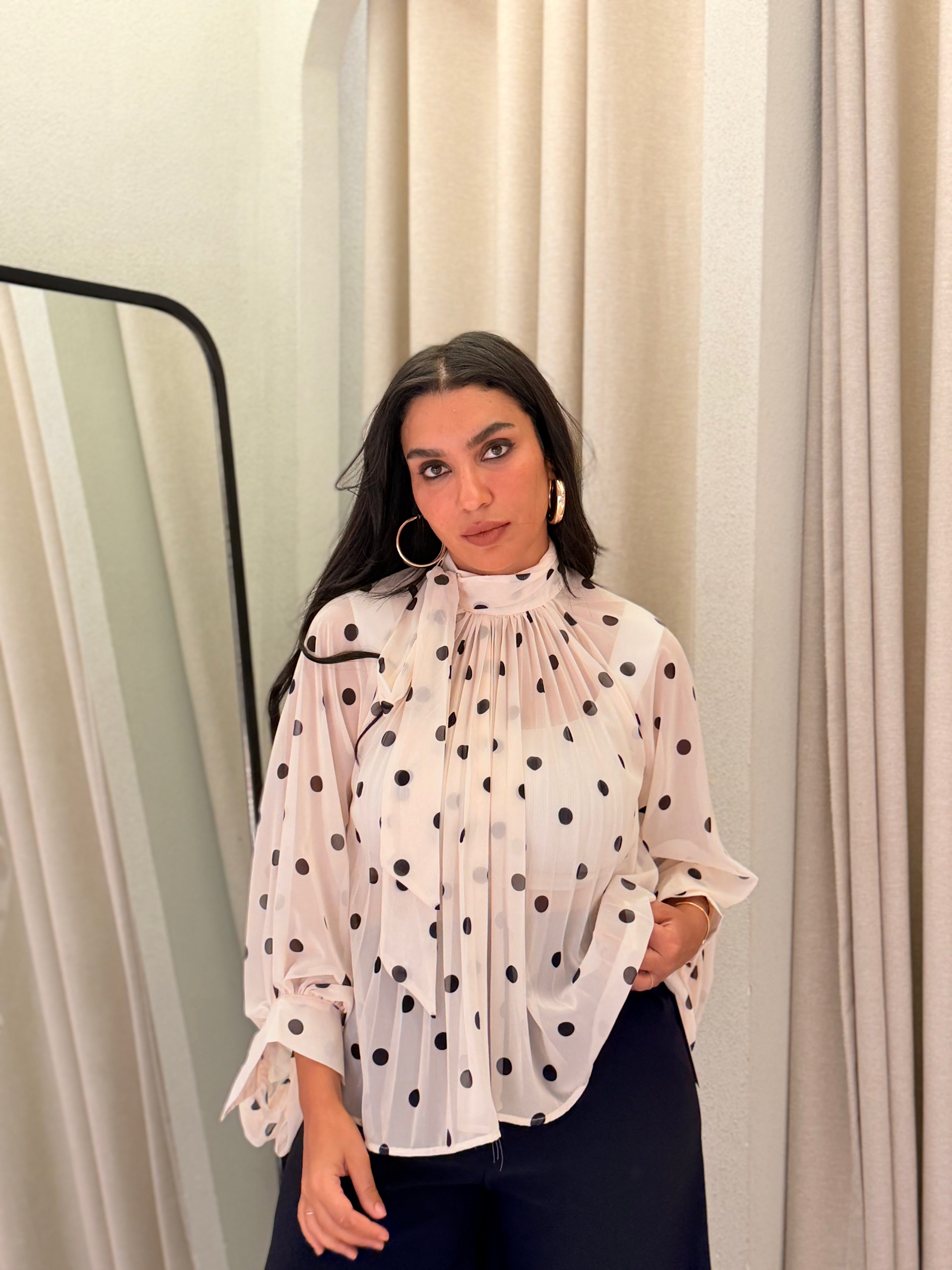 Polka Dot Pleated Chiffon Top – White & Black