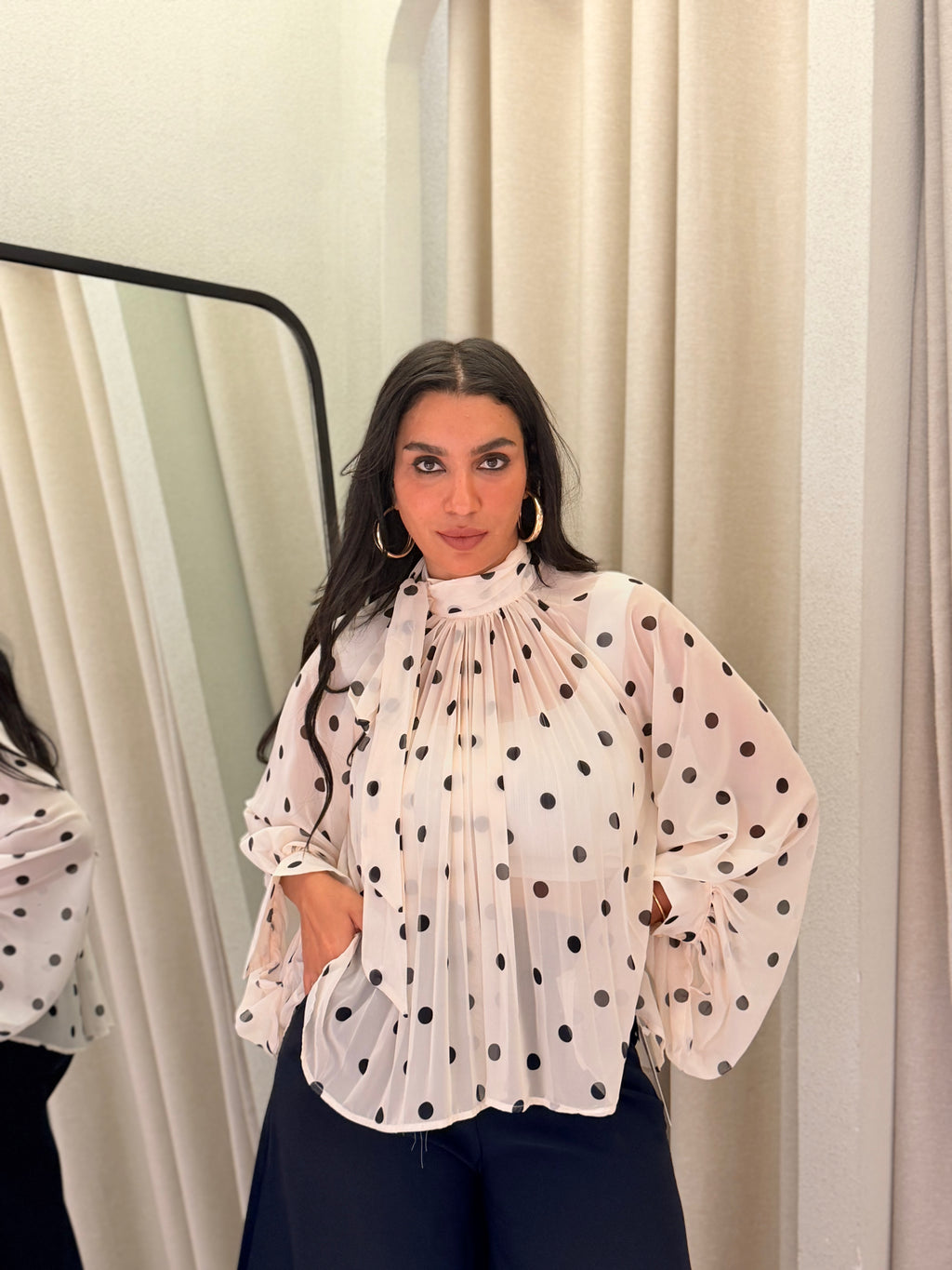 Polka Dot Pleated Chiffon Top – White & Black