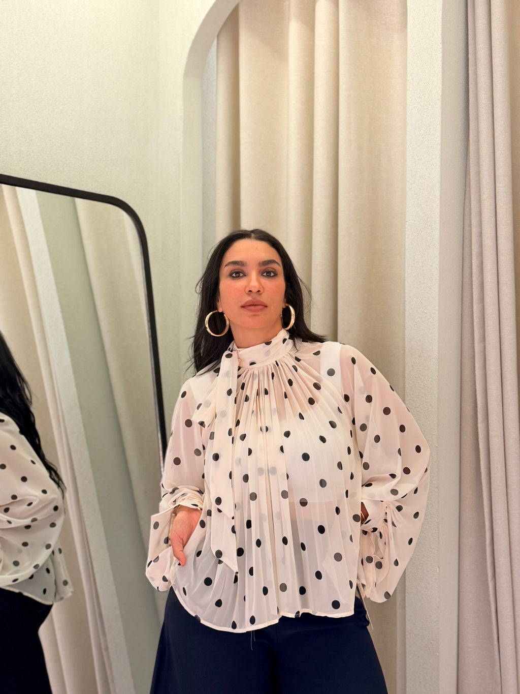 Polka Dot Pleated Chiffon Top – White & Black