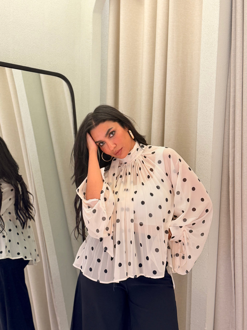 Polka Dot Pleated Chiffon Top – White & Black