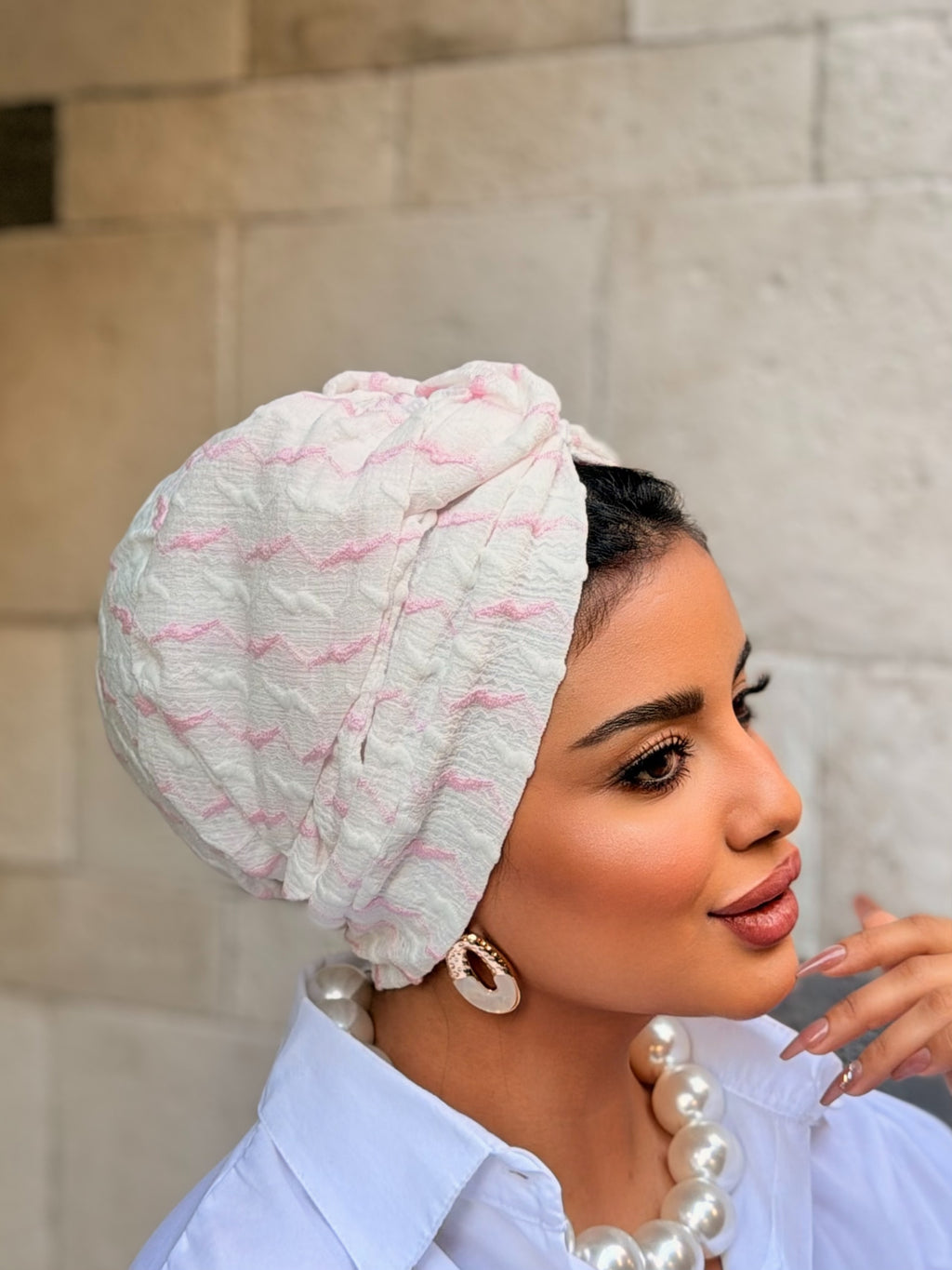 Zigzag Textured Turban — White & Pink