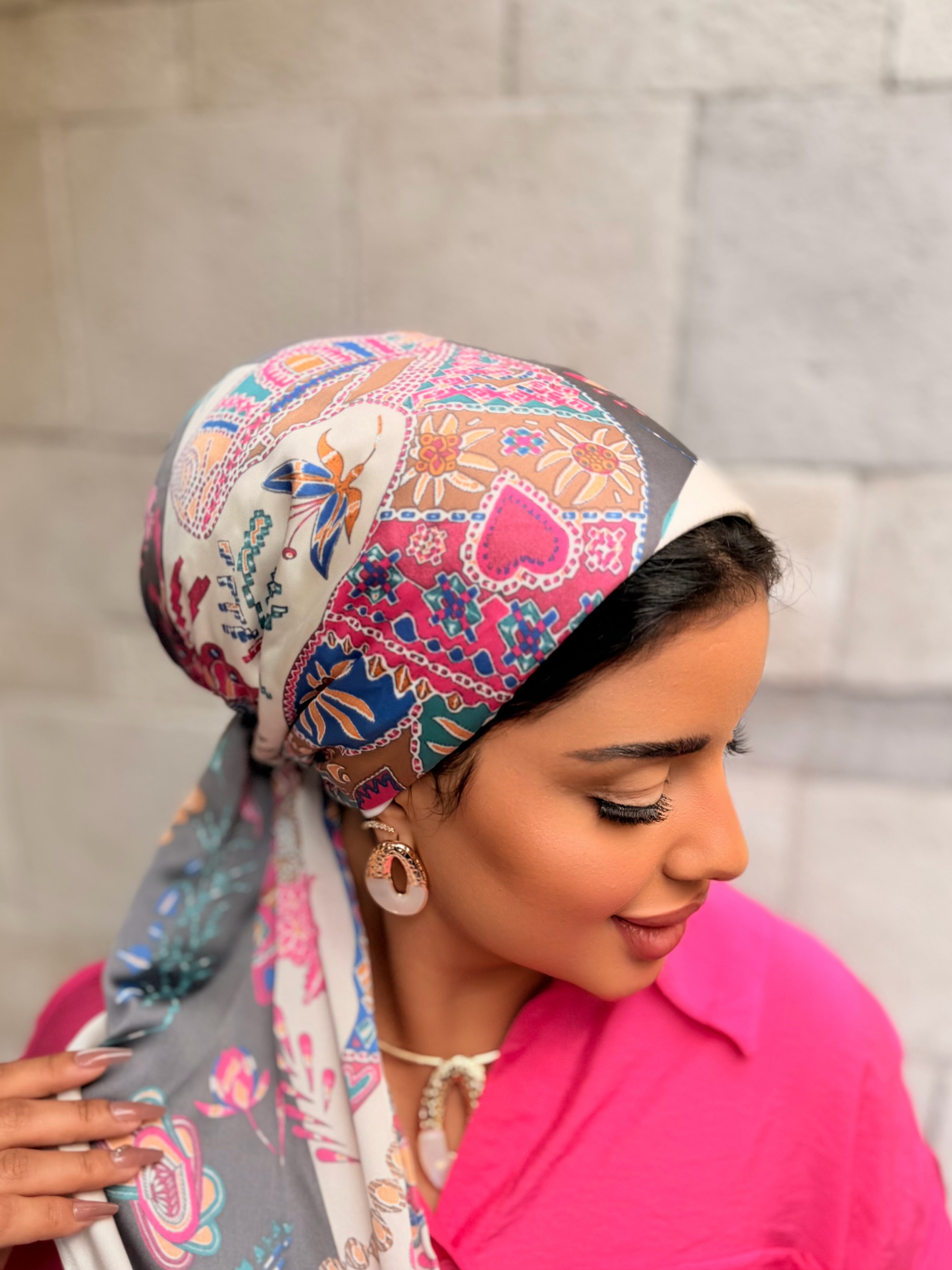 Patchwork Print Head Scarf — Grey & Multicolor