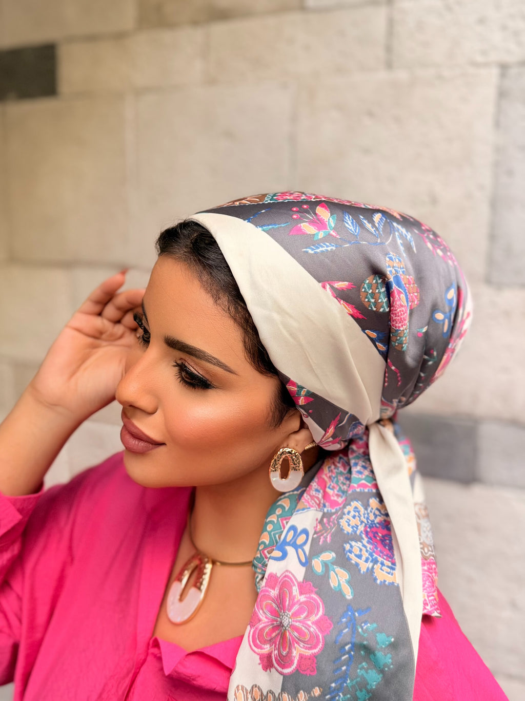 Patchwork Print Head Scarf — Grey & Multicolor