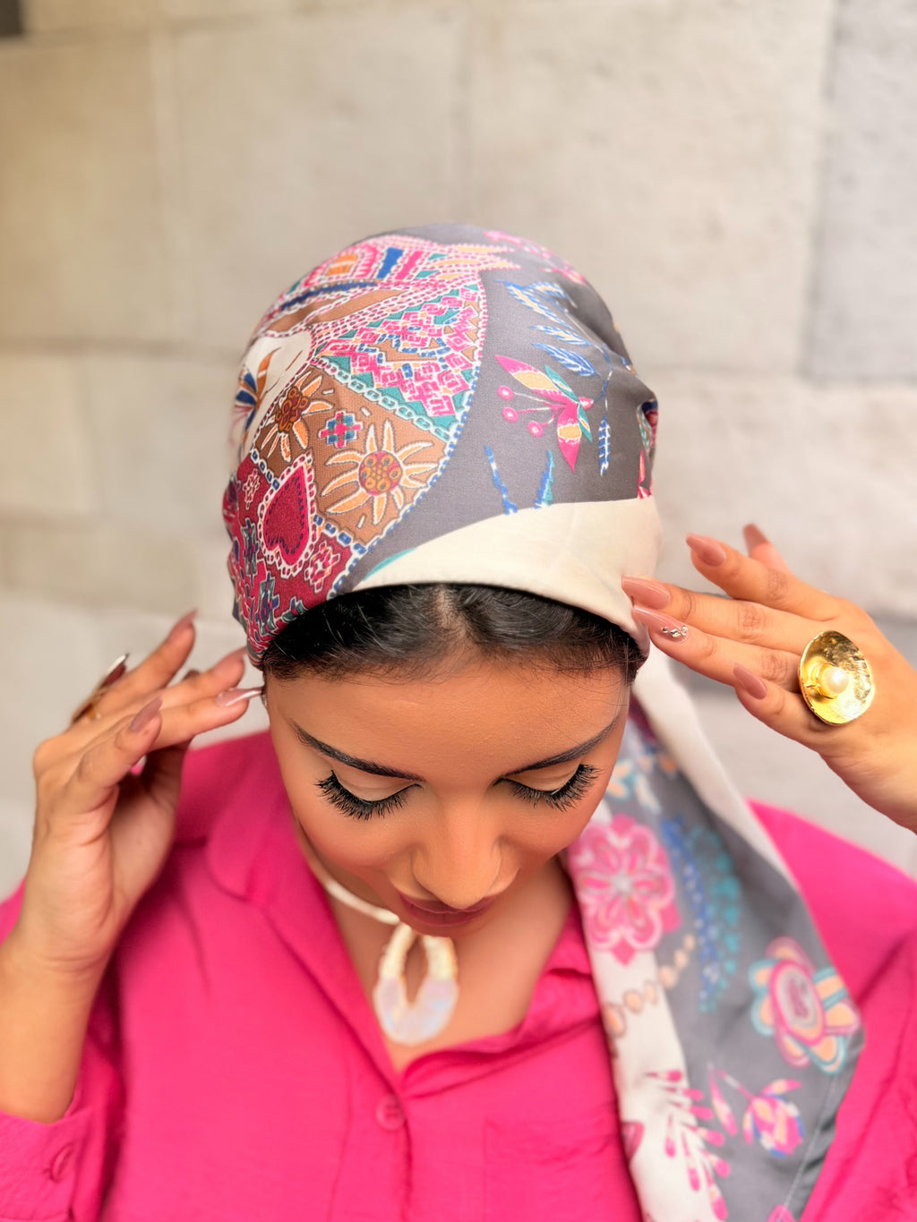 Patchwork Print Head Scarf — Grey & Multicolor