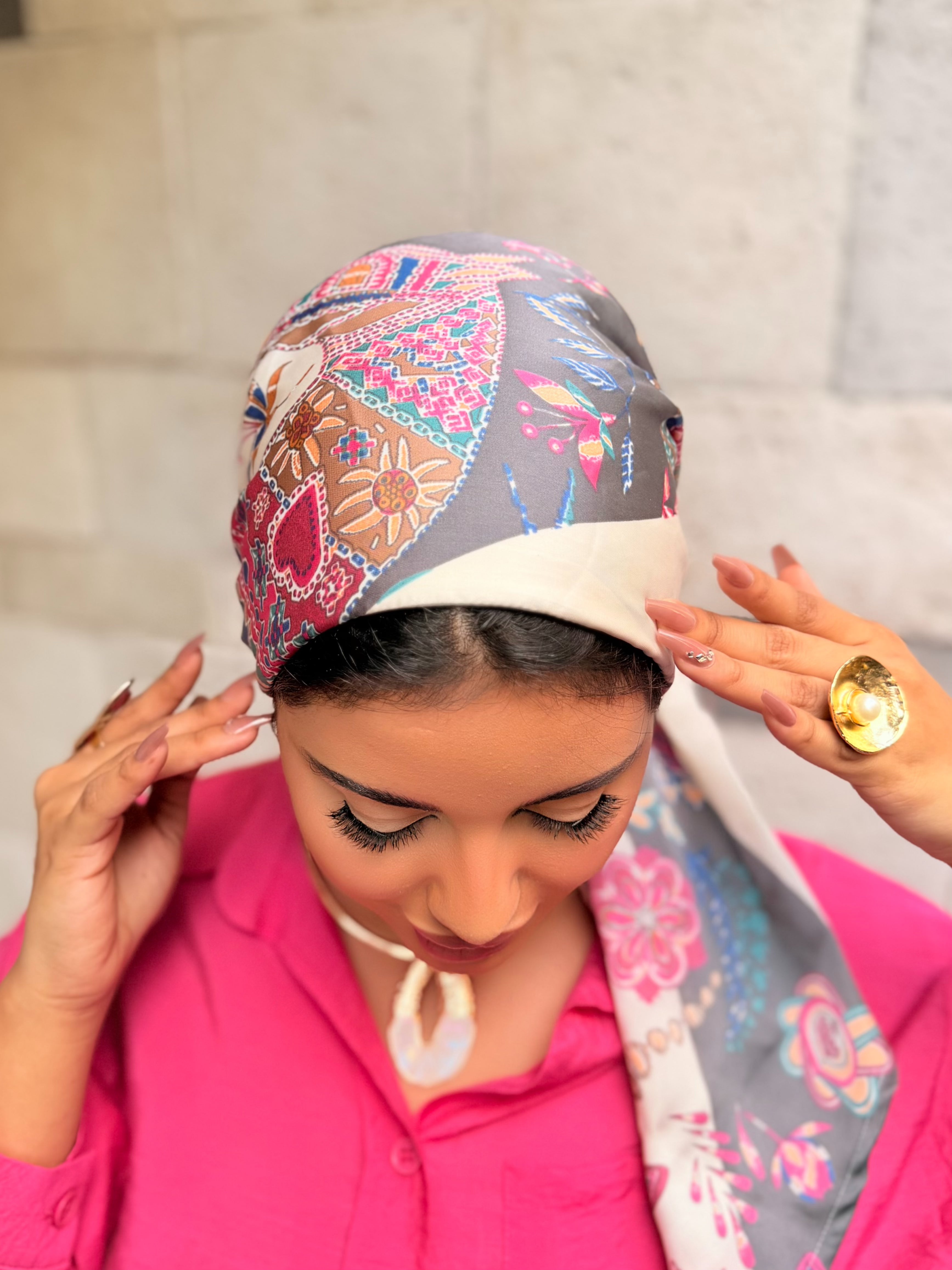 Patchwork Print Head Scarf — Grey & Multicolor