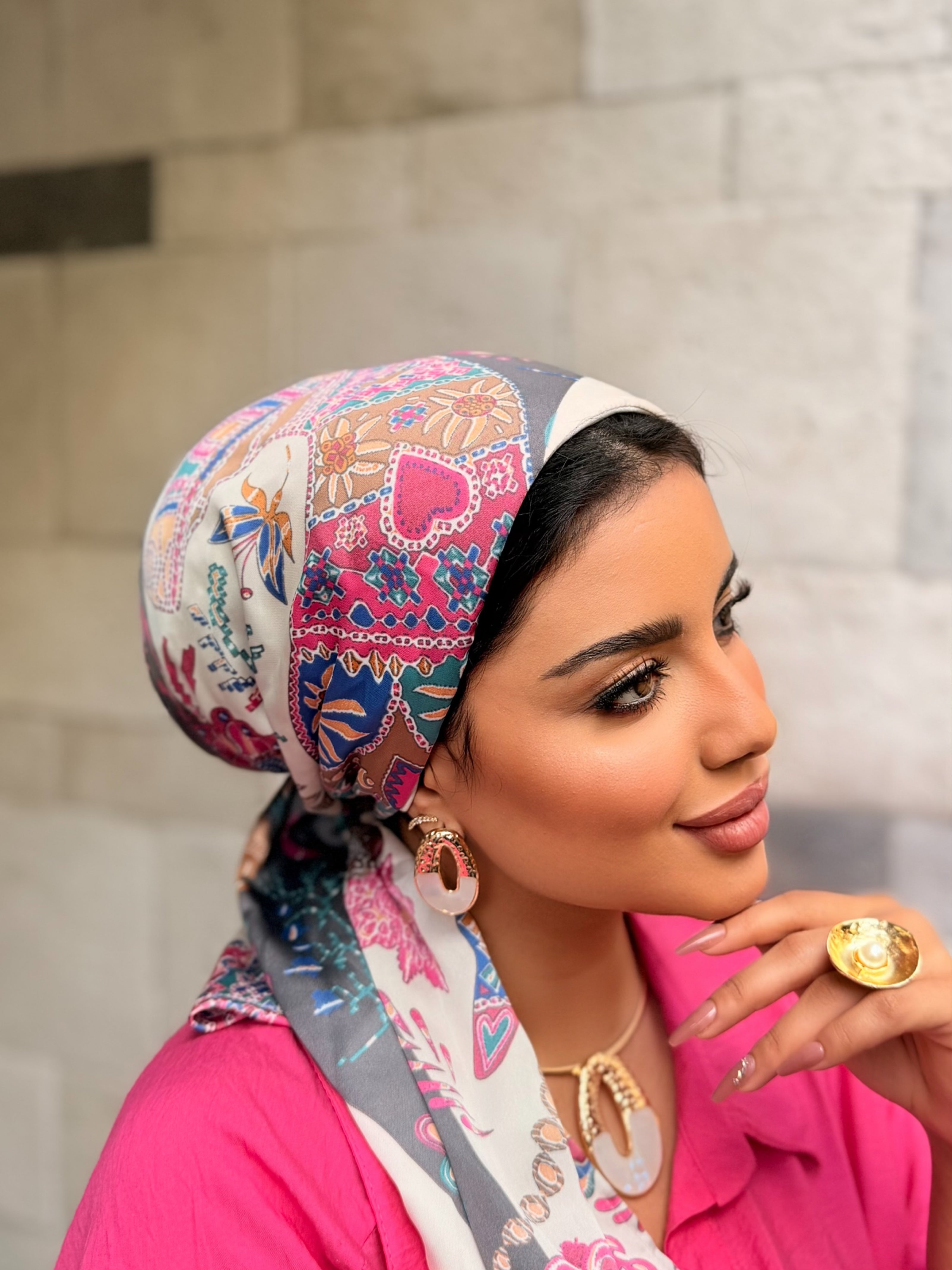 Patchwork Print Head Scarf — Grey & Multicolor