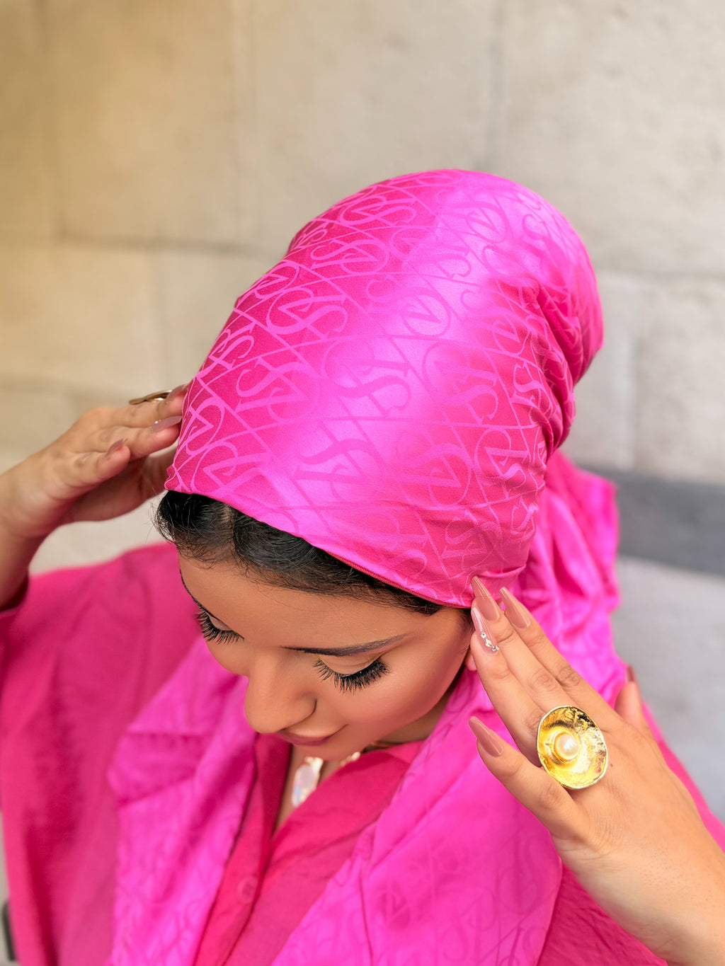 Monogram Jacquard Head Scarf — Fuchsia