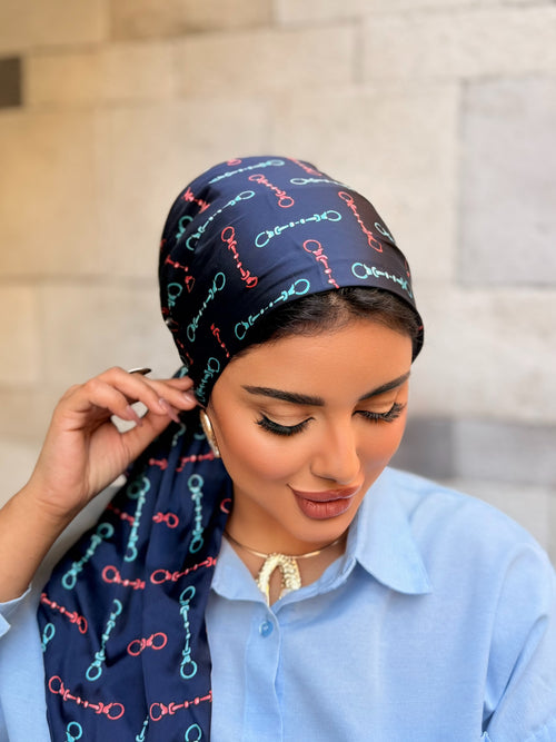 Chain Print Head Scarf — Navy