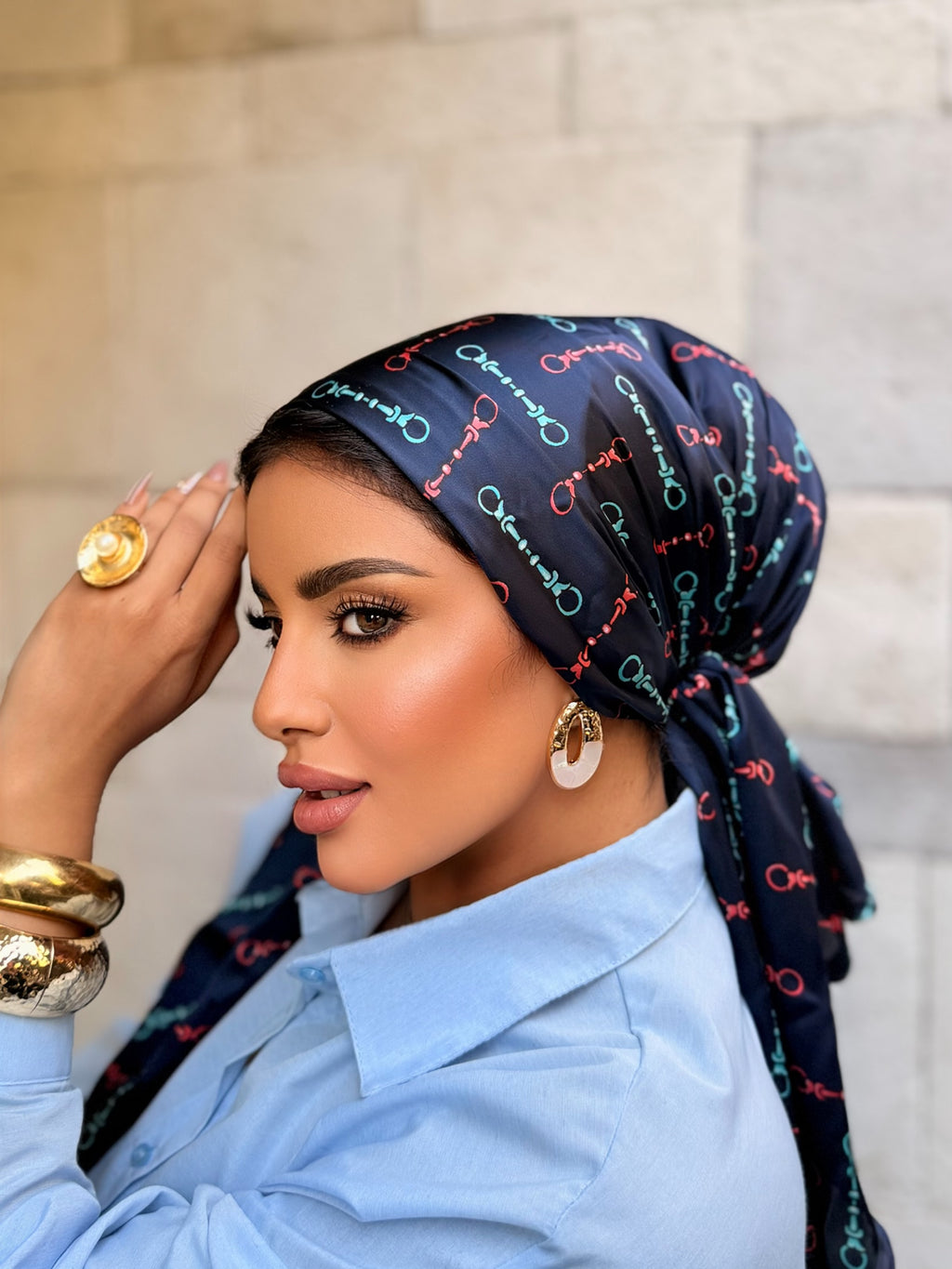 Chain Print Head Scarf — Navy
