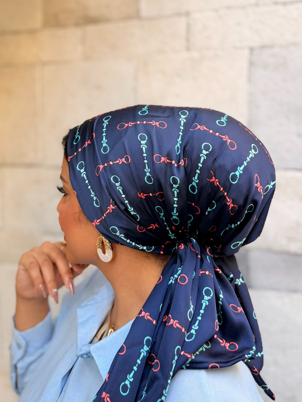 Chain Print Head Scarf — Navy