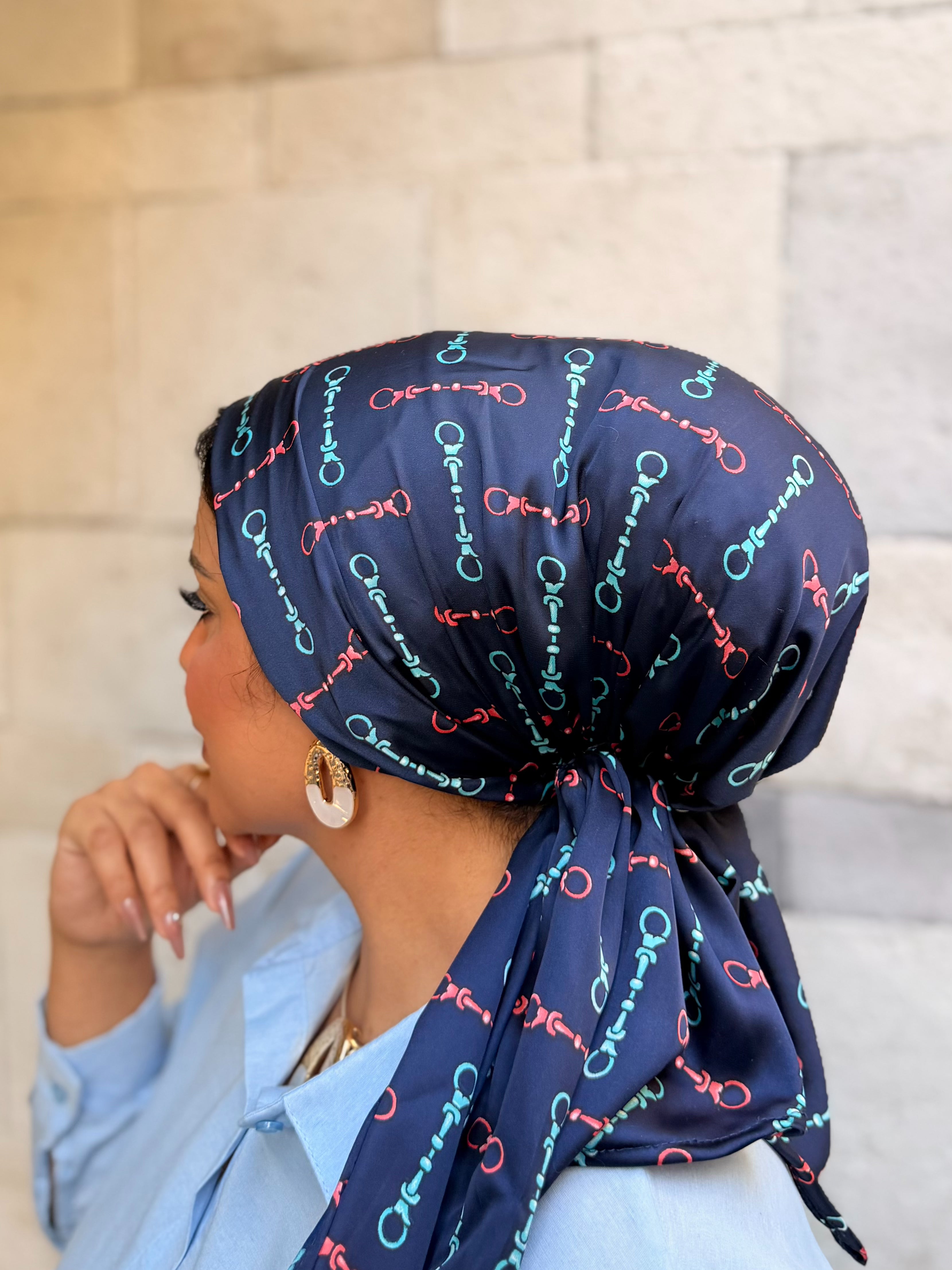 Chain Print Head Scarf — Navy