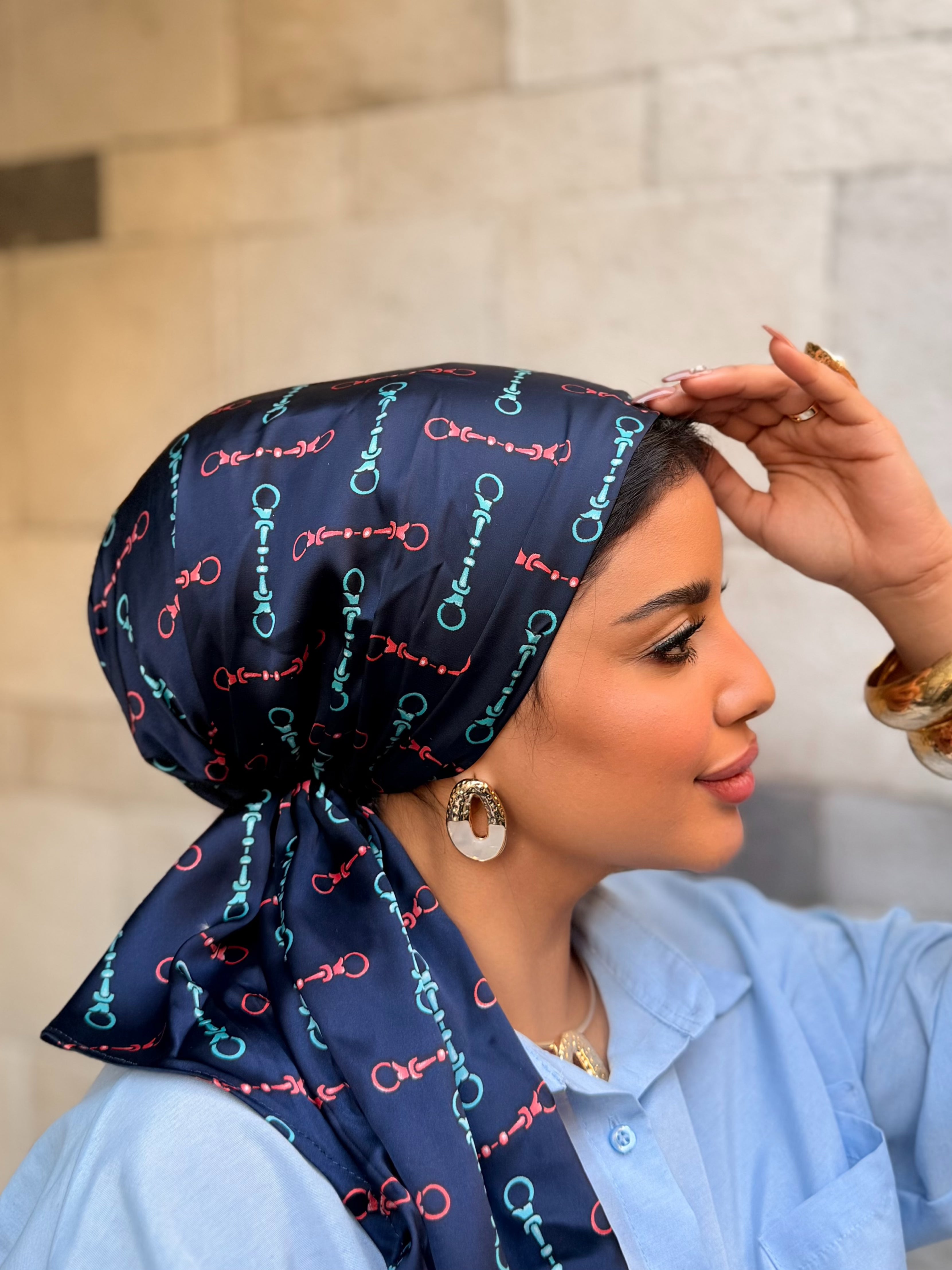 Chain Print Head Scarf — Navy
