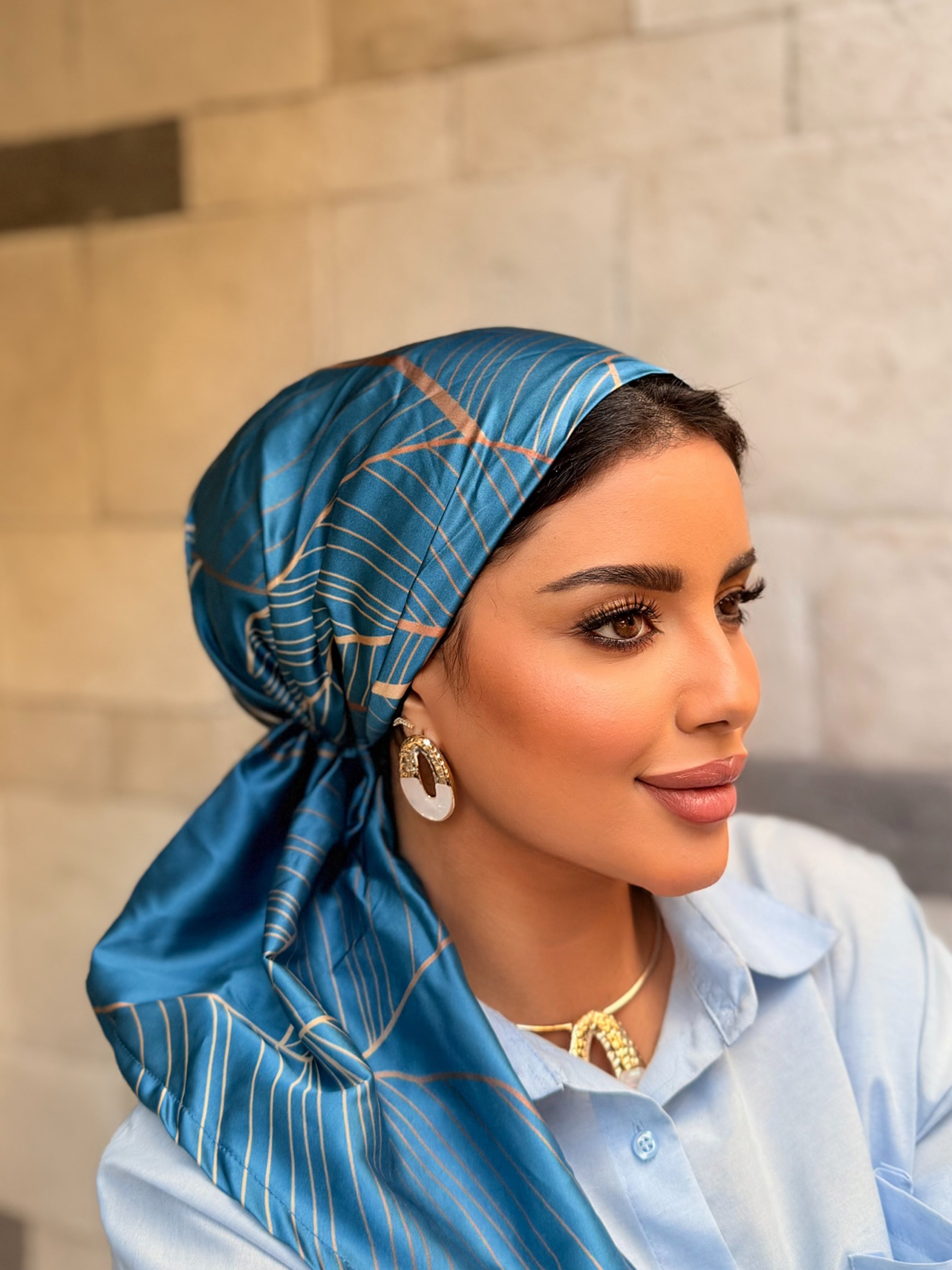Leaf Line Print Head Scarf — Teal & Gold